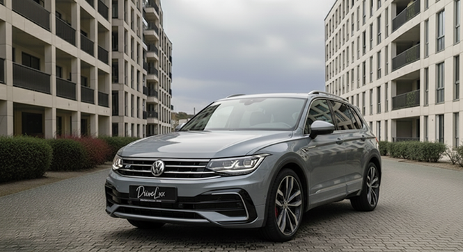 Une voiture Volkswagen grise garée dans un quartier résidentiel avec des immeubles modernes en arrière-plan.