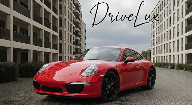 Une voiture de sport rouge, probablement une Porsche, garée dans une zone urbaine avec des bâtiments modernes en arrière-plan, et le texte 'Drive Lux' en haut à droite.