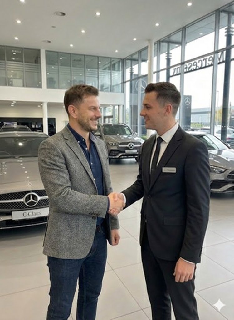 Matthieu Mougenot en concession Mercedes négociant un véhicule premium - DriveLux mandataire automobile Luxembourg