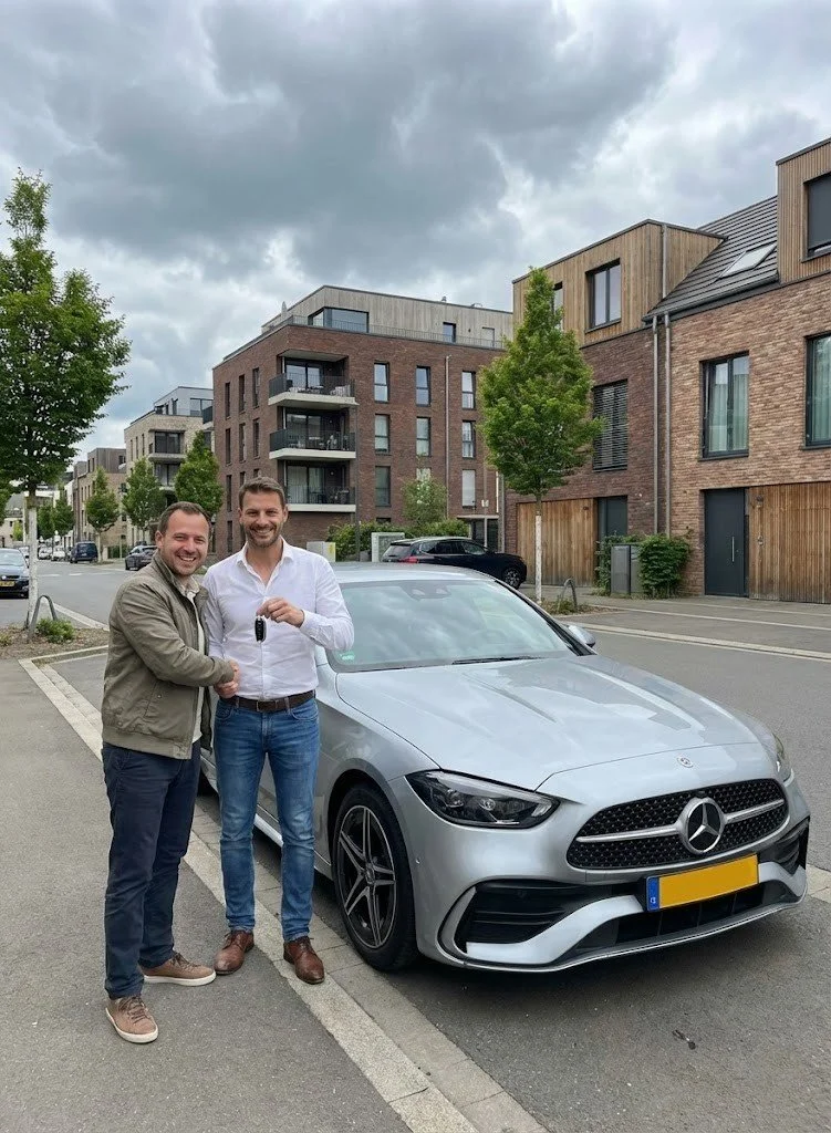 Deux hommes souriants se serrent la main devant une voiture Mercedes grise, dans un quartier résidentiel moderne avec des bâtiments en brique et en bois, sous un ciel nuageux.