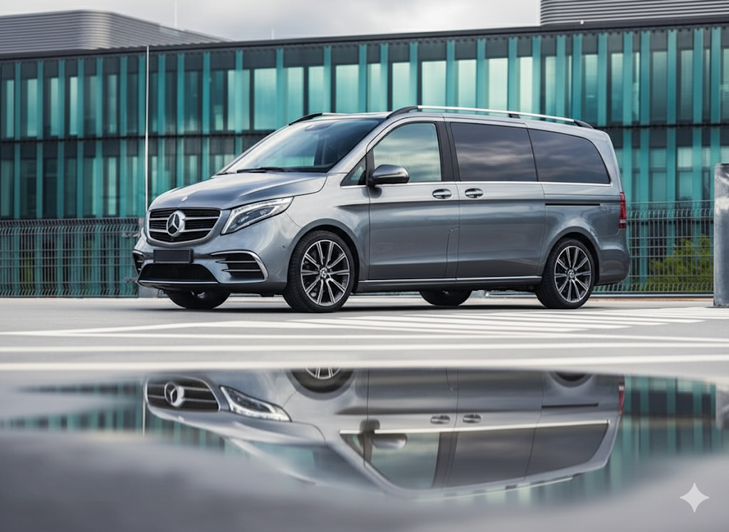 Une voiture Mercedes-Benz grise stationnée devant un bâtiment moderne en verre, avec une surface réfléchissante au sol.