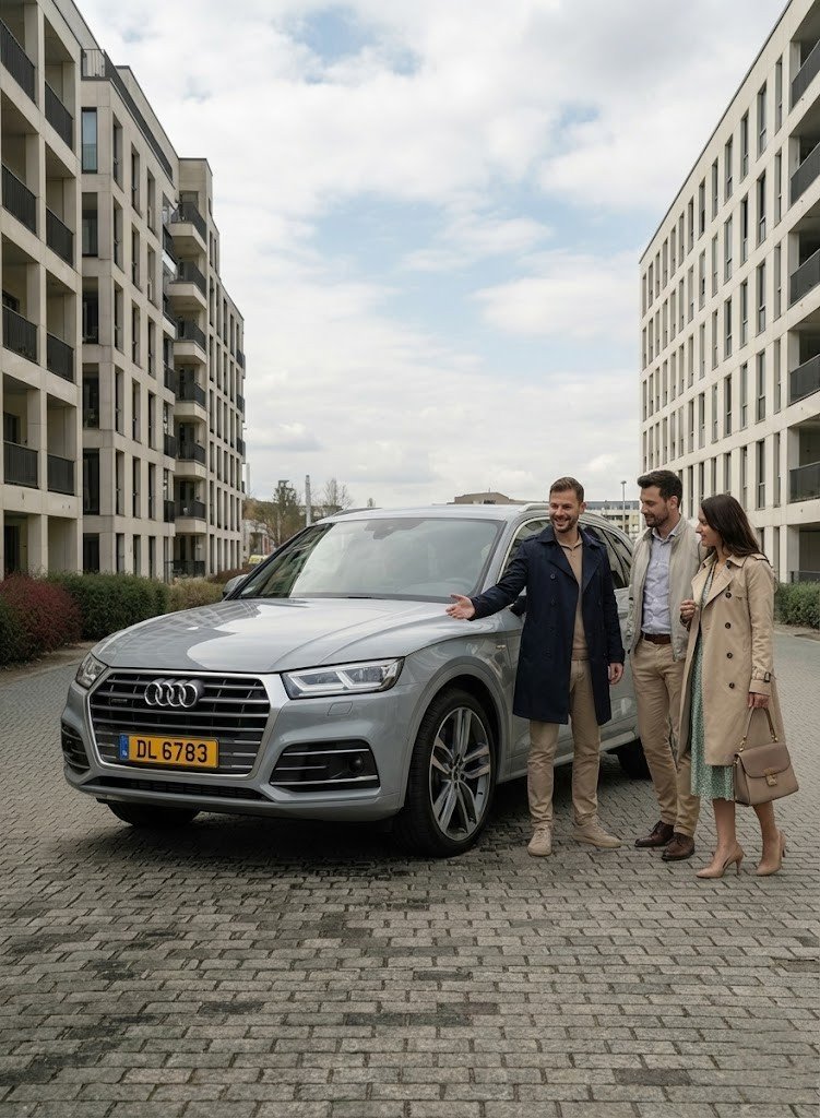 Trois personnes discutent devant une voiture Audi grise dans une zone résidentielle avec des immeubles modernes.