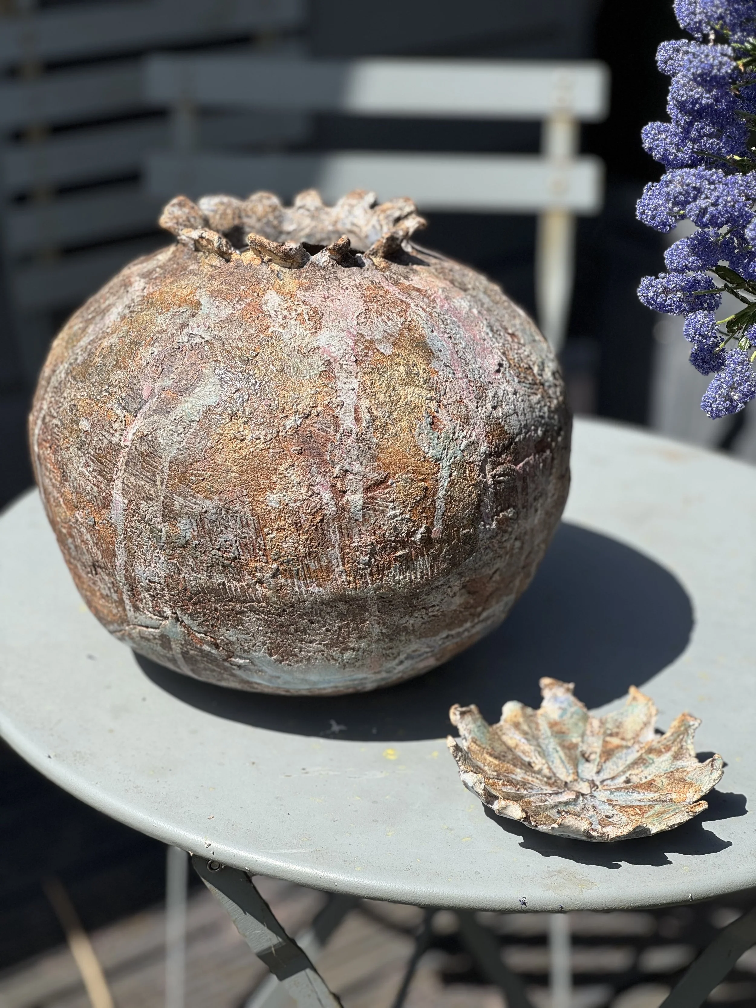 Large, handbuilt, stoneware poppy seed head vessel