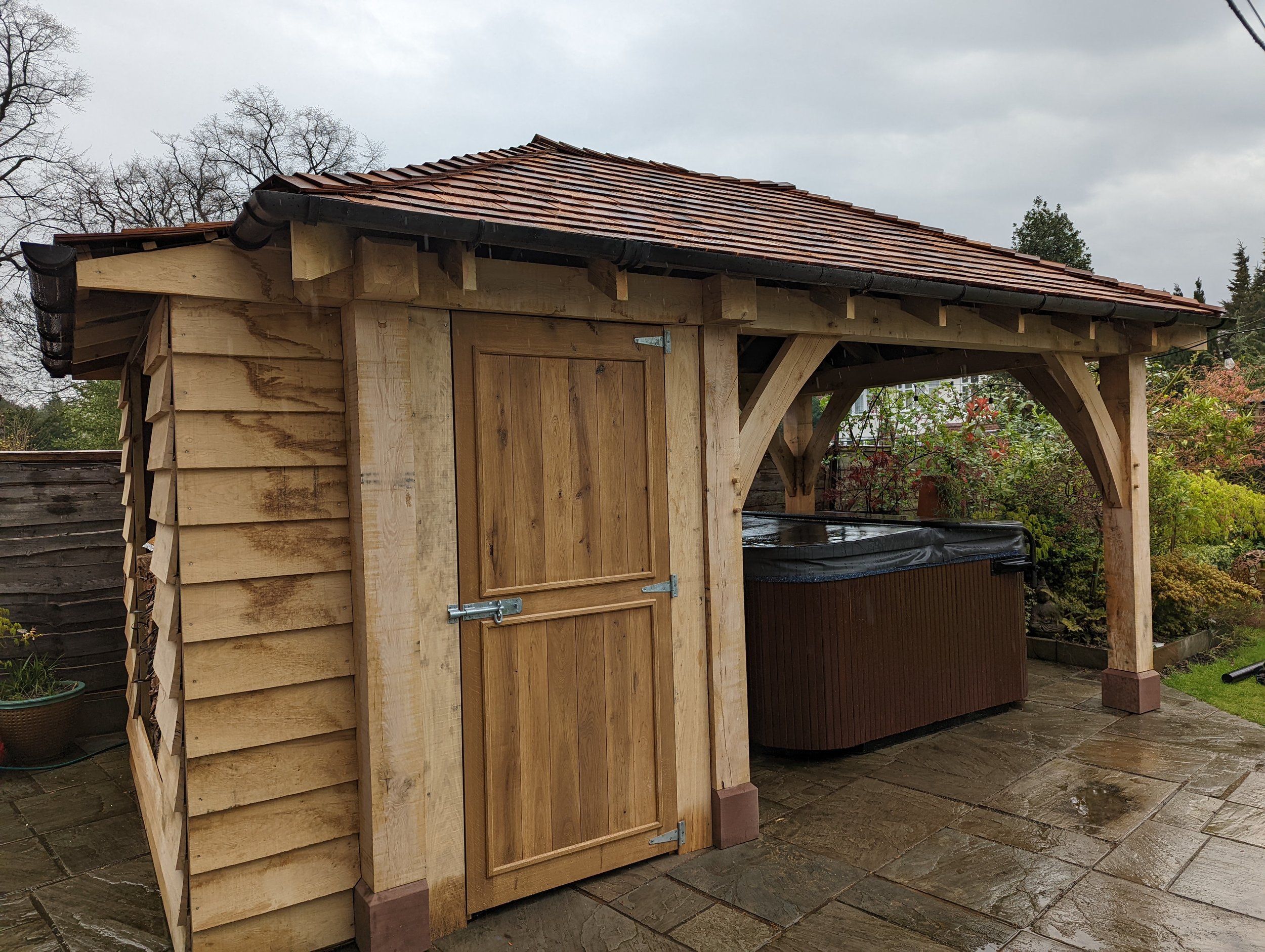 Oak Pergola with Shed and Log Store
