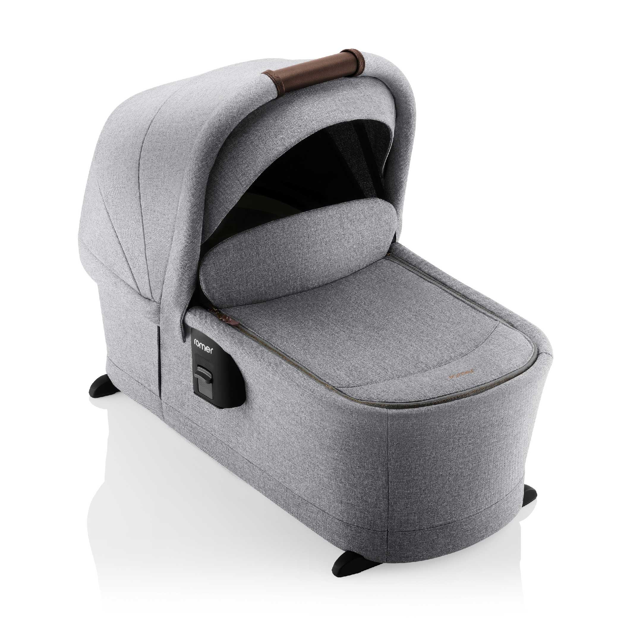A grey baby bassinet.