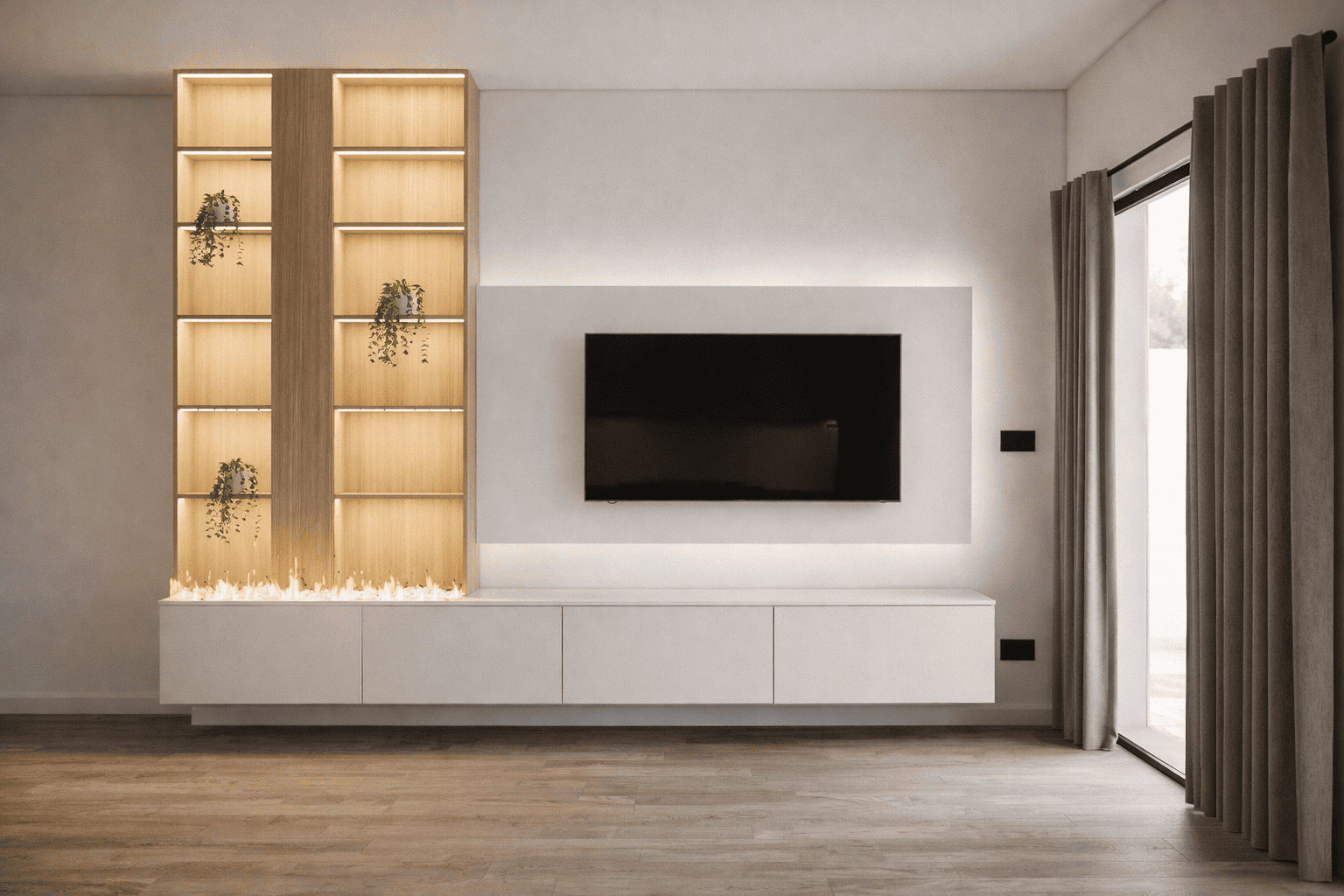 Modern living room with warm accents.png