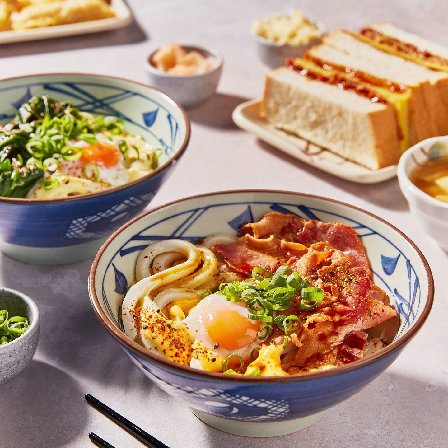 Breakfast at @marugameuk 's Waterloo kitchen 🍜 #marugameudon #breakfast #benedictudon #florentineudon #sandos #breakfastsandos #marugameuk