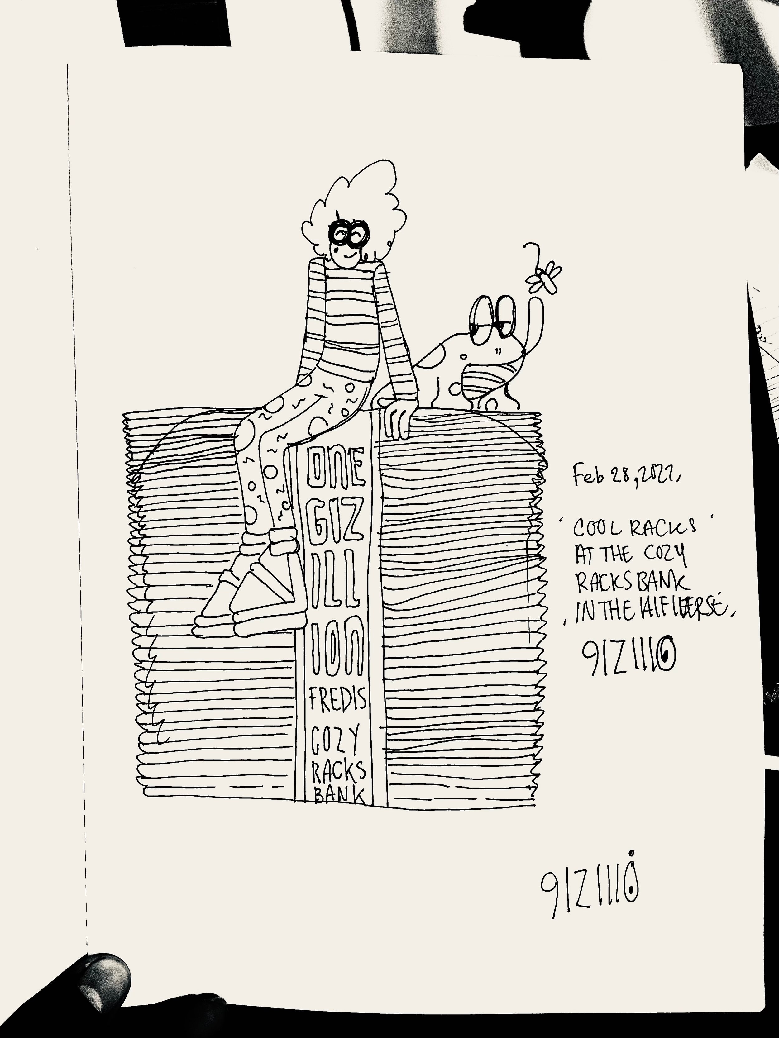 "Cool racks at the cozy racks bank in the alfieverse" 2022 / a3 print / 900 NOK