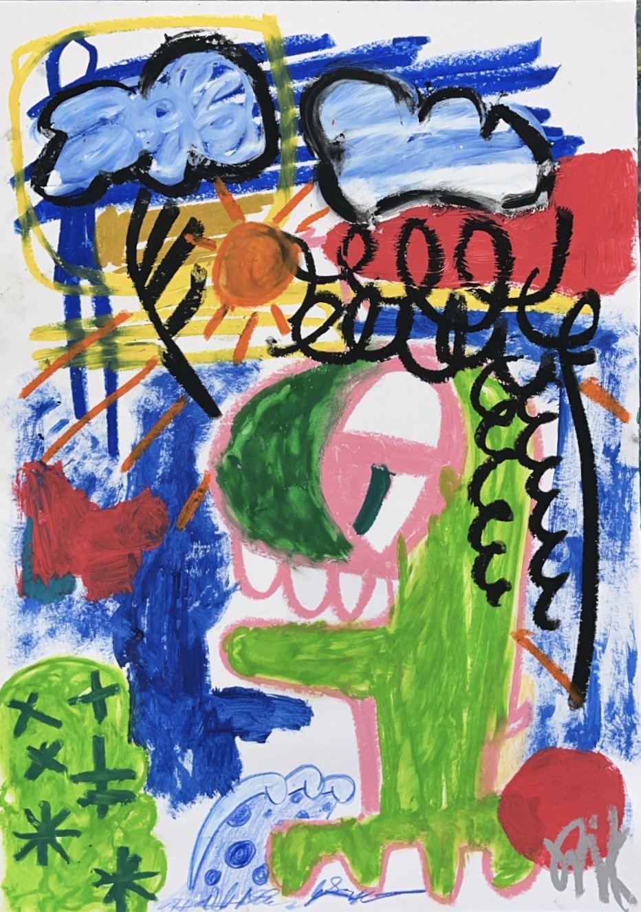 "Pink Street Reptiles" 2025 / acrylic, oil stick, and color pencil on paper / a3 / 4300 NOK
