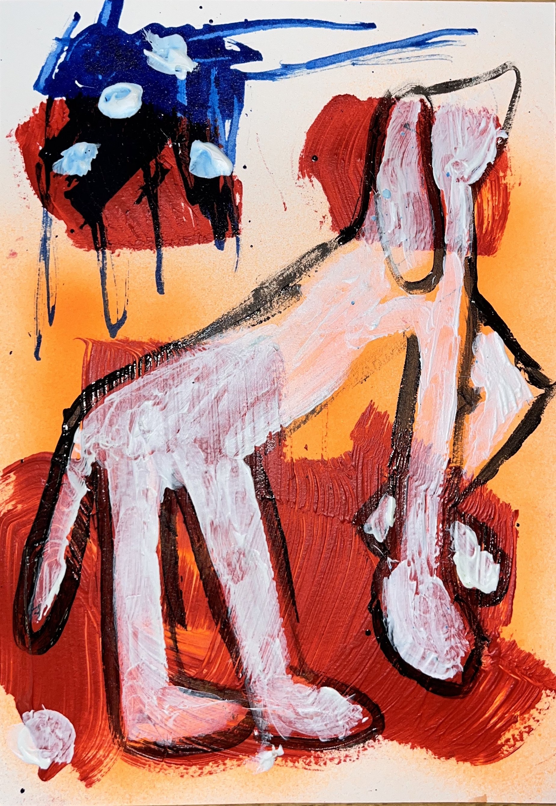 "blue skies, red thighs" 2024 / spray paint and acrylic on paper / a5 / 1400 NOK