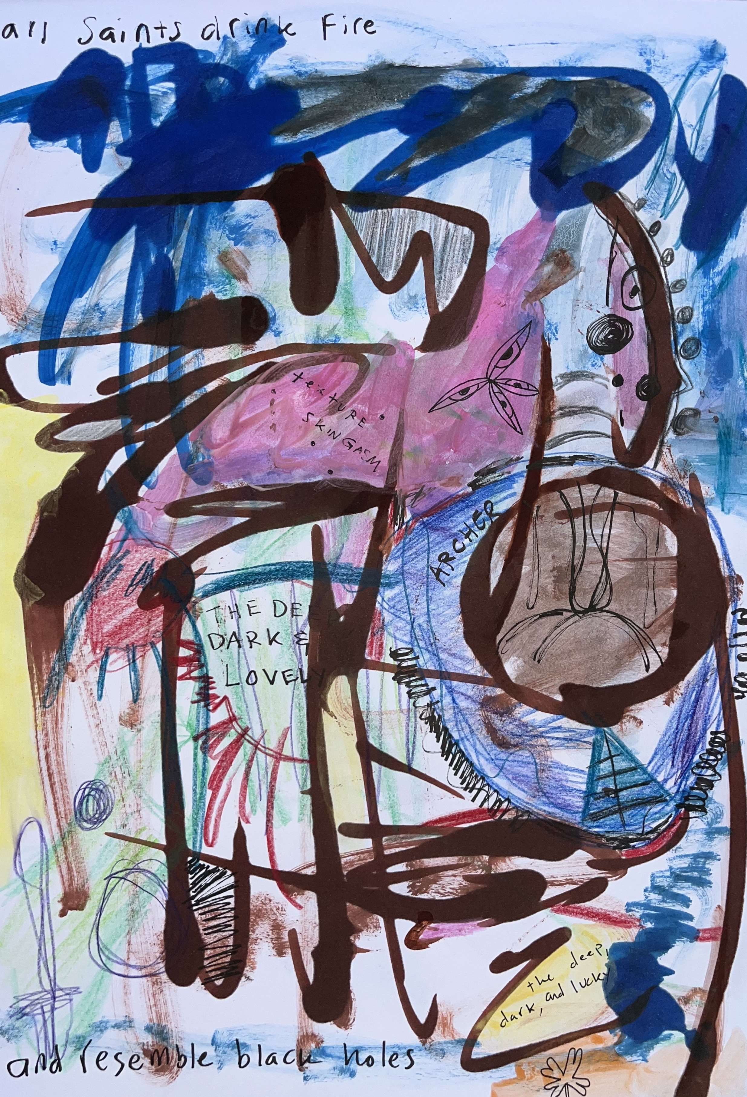 "All Saints Drink Fire" 2025 / ink, color pencil, water color, and markers on paper / a3 / 4000