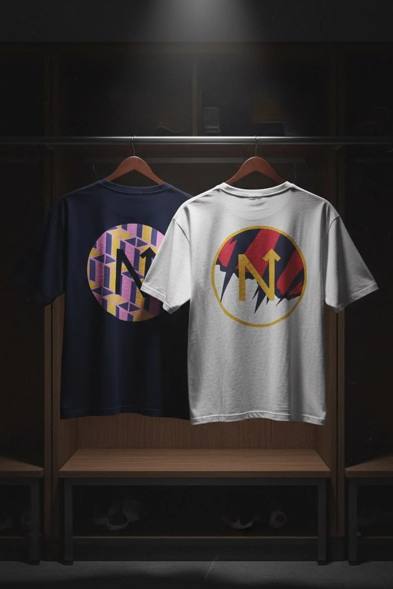 Two graphic T-shirts hanging on a rack in a closet, with one black shirt featuring a colorful geometric design and a yellow circle with an 'N' and arrows, and a white shirt with a design of red and blue lightning bolts, a yellow circle, and an 'N' with arrows.
