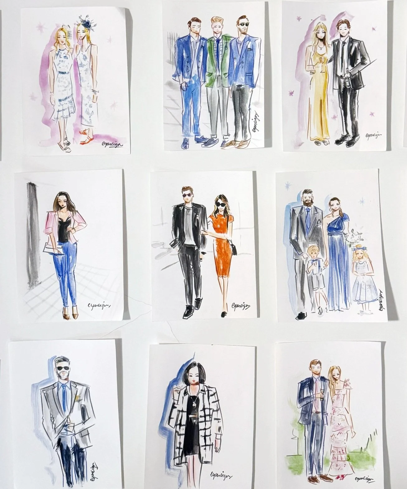 Collection of nine fashion sketches featuring various men, women, and children in stylish outfits, drawn with watercolor and ink, showcasing diverse clothing styles and accessories. Live illustrations by Eduard Illustrates