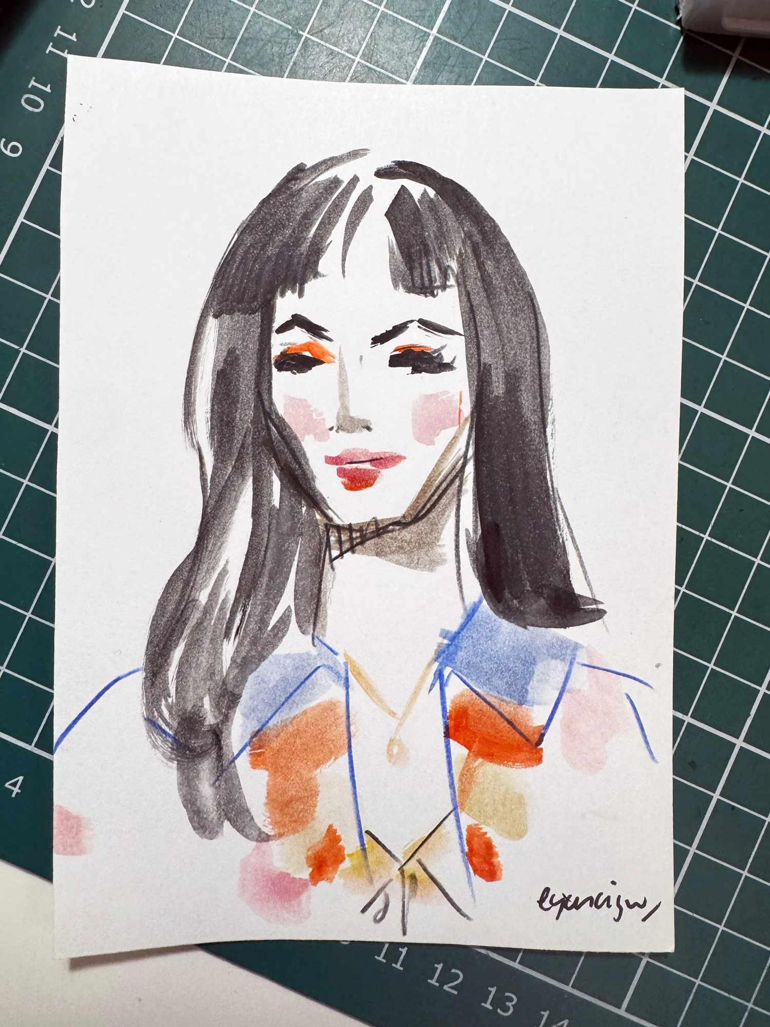 Hand-painted illustration of a woman with long dark hair, wearing a colorful top with blue, orange, and yellow patches, and a pendant necklace, on white paper.
