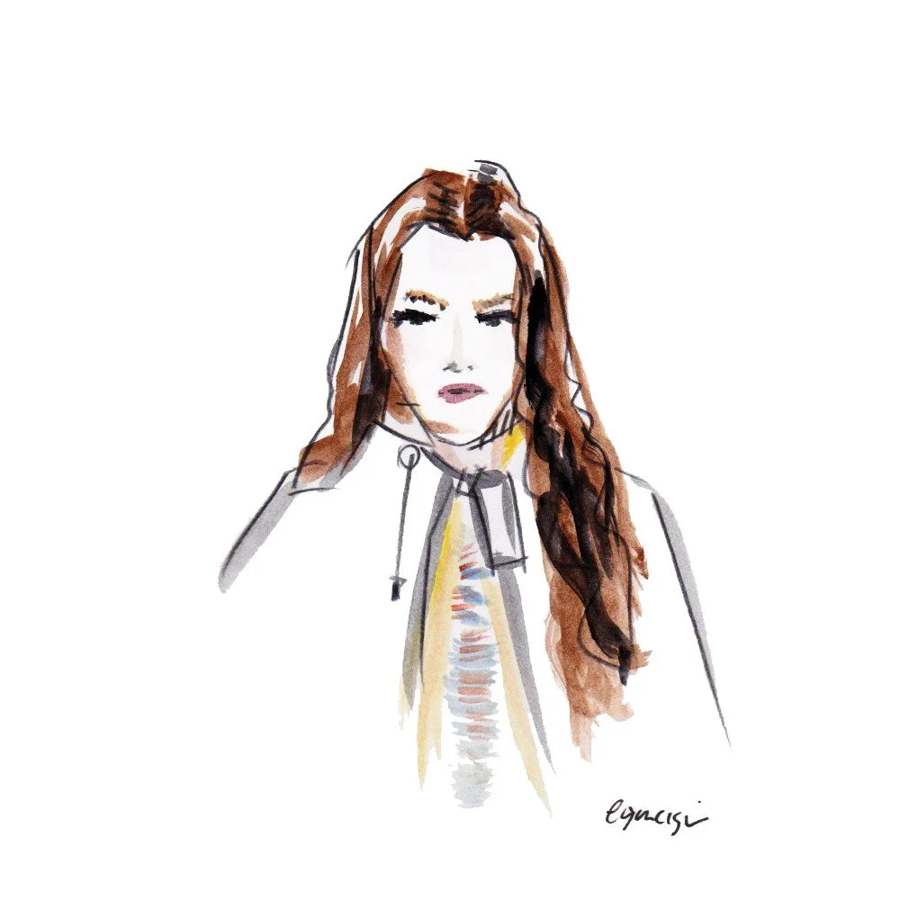 Watercolor illustration of a Amaia with long brown hair, wearing a white shirt, with a neutral or serious expression by Eduard Illustrates