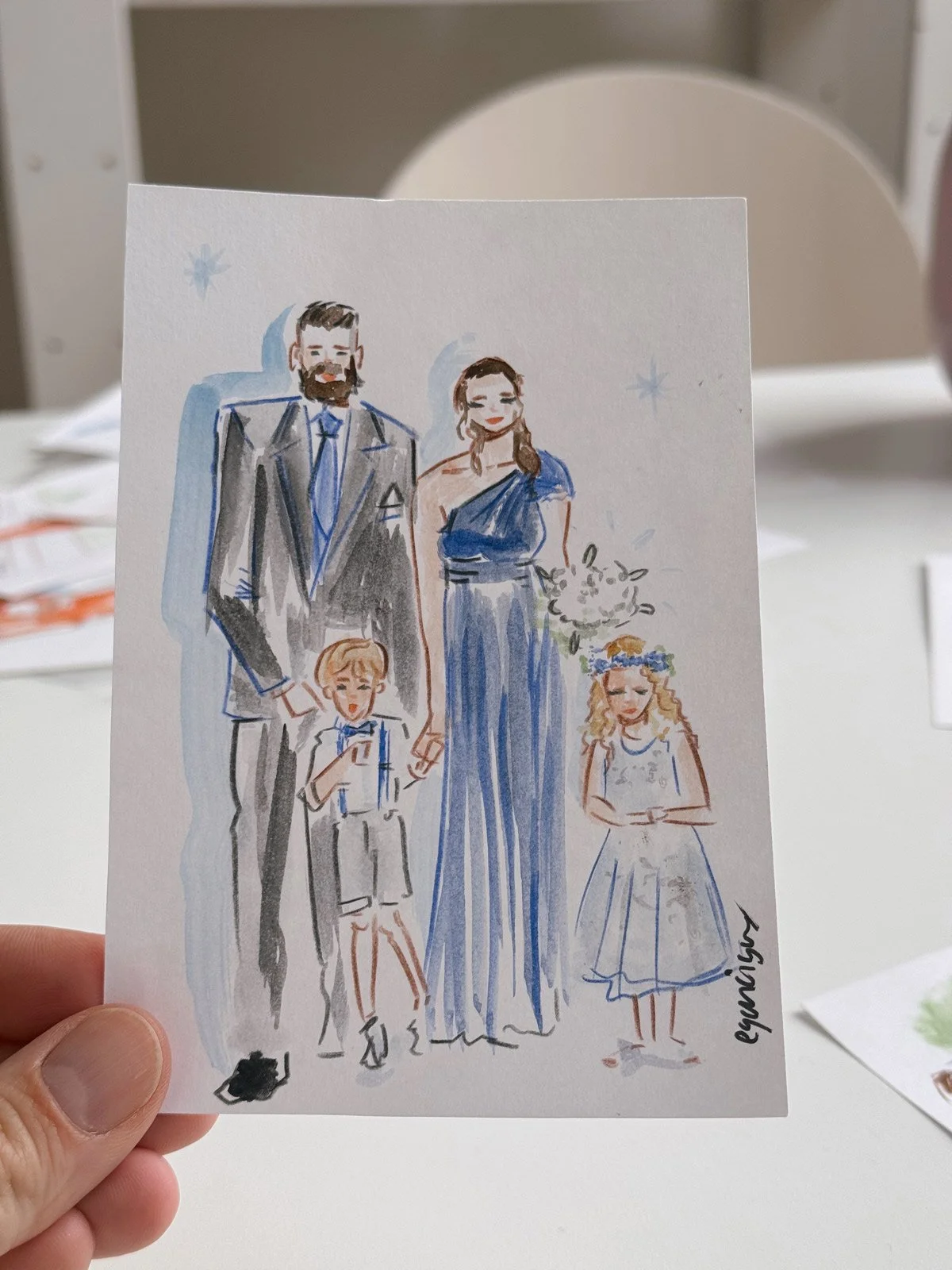 Hand-drawn illustration of a family at a wedding, by Eduard Illustrates