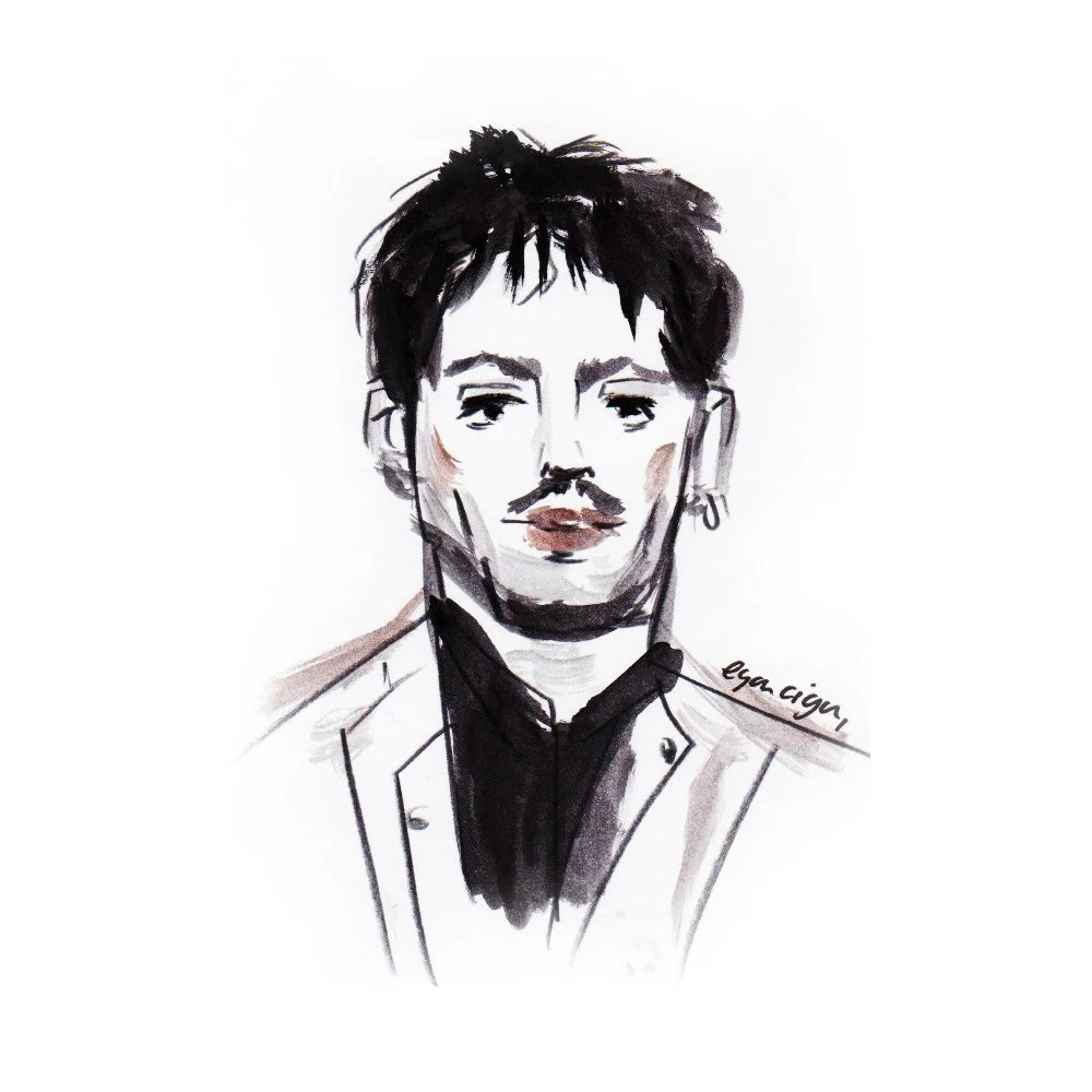 Sketch of a young man with short, spiky black hair, mustache, earring, and a jacket, painted with black, gray, and brown tones.
