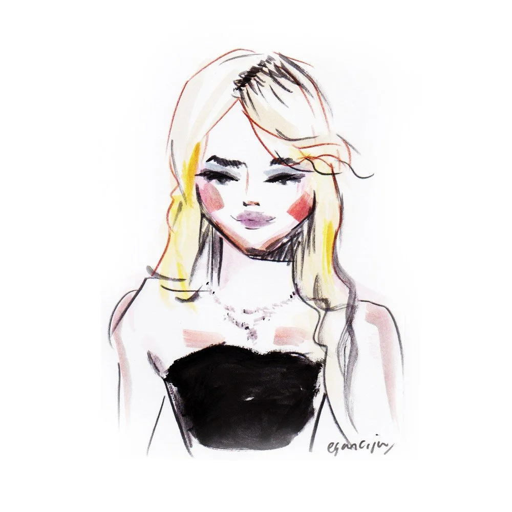 Hand-drawn watercolor portrait by Eduard Illustrates of a woman similar to Sabrina Carpenter with long blonde hair, wearing a black strapless top.