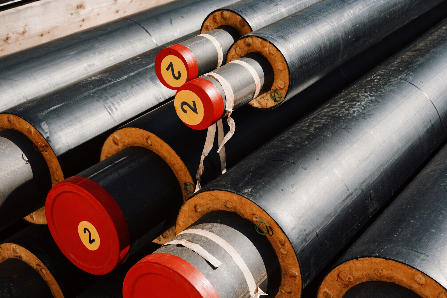 Pre-insulated pipe sections with sensor wires embedded in polyurethane insulation for district cooling leak detection