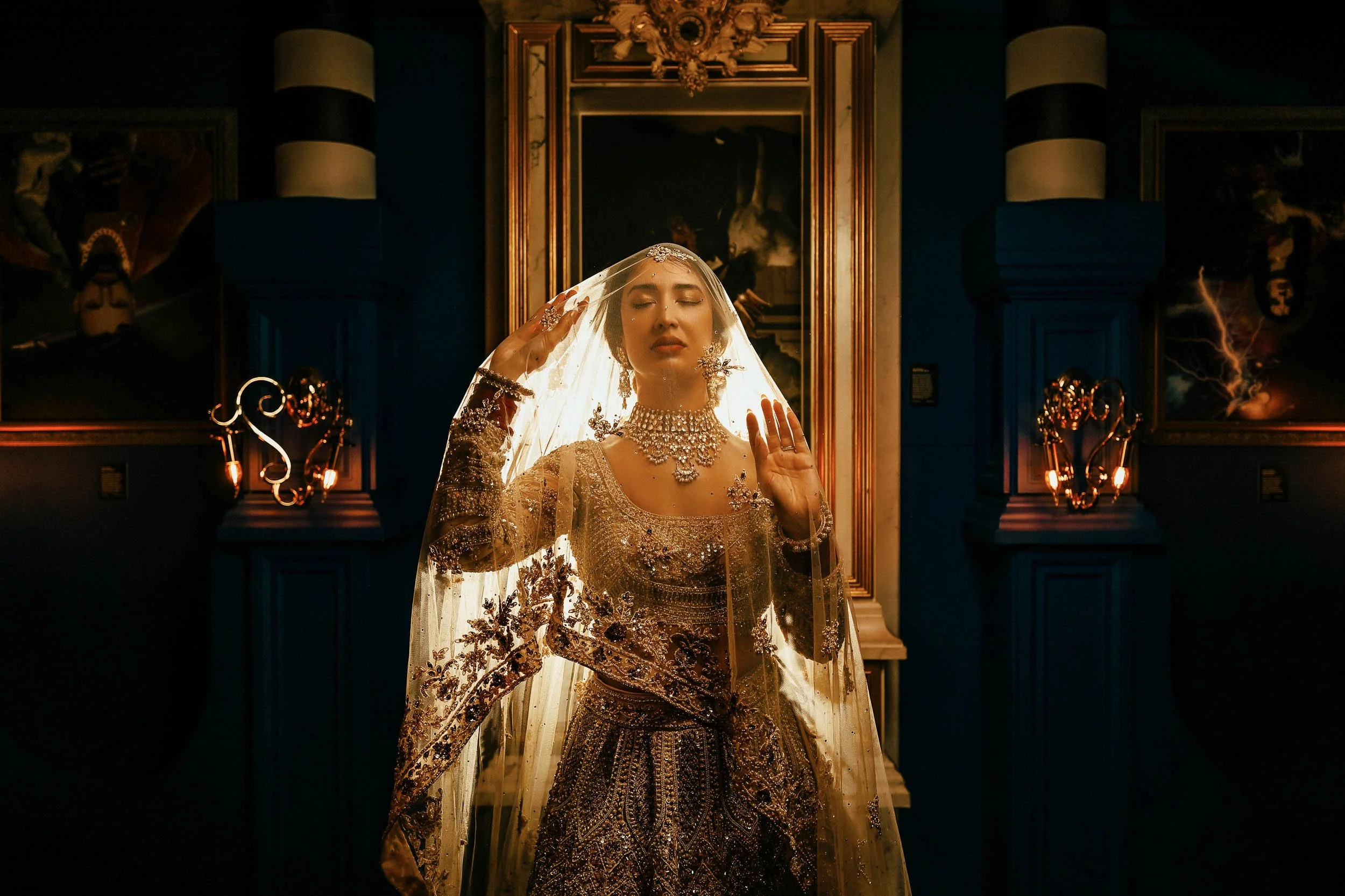 Elegant portrait of a bride in a traditional Indian bridal gown by Studio Aelina