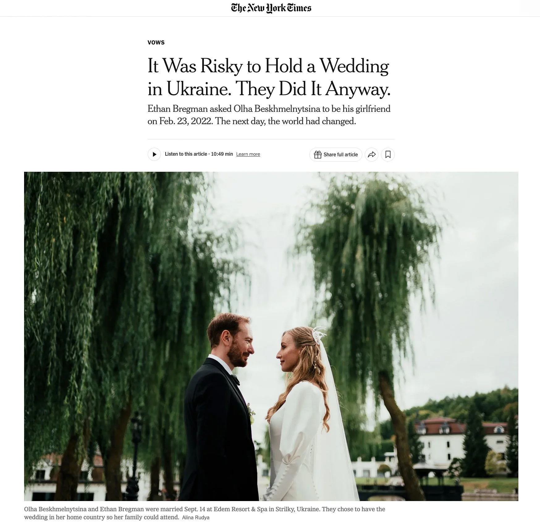 Editorial wedding portrait published in The New York Times – documentary-style destination wedding photography by Studio Aelina in Europe