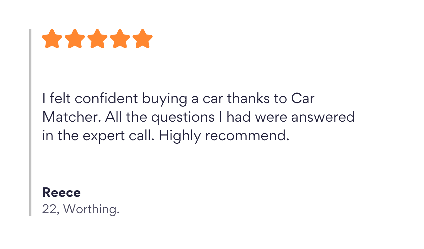 Customer testimonial highlighting confidence in choosing a new car after using Car Matcher service