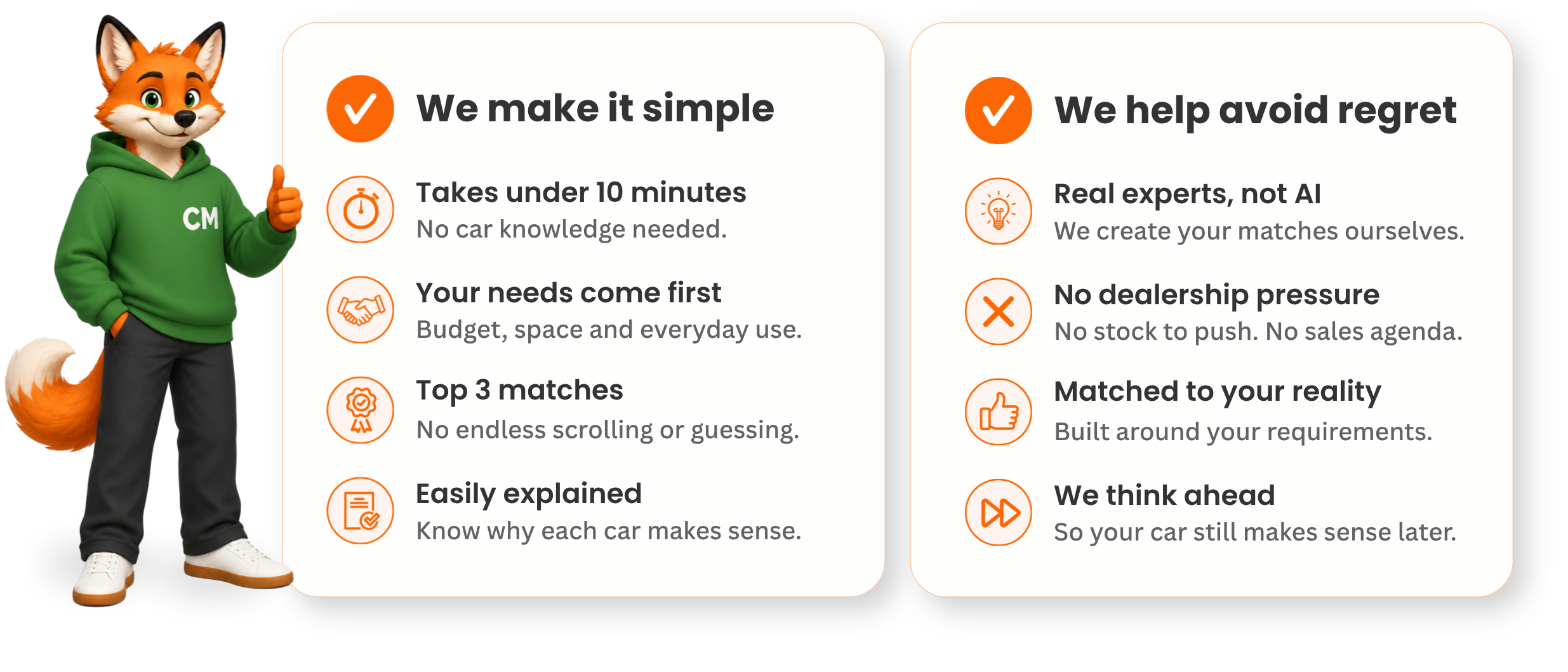 Table showing the benefits of using the Car Matching service