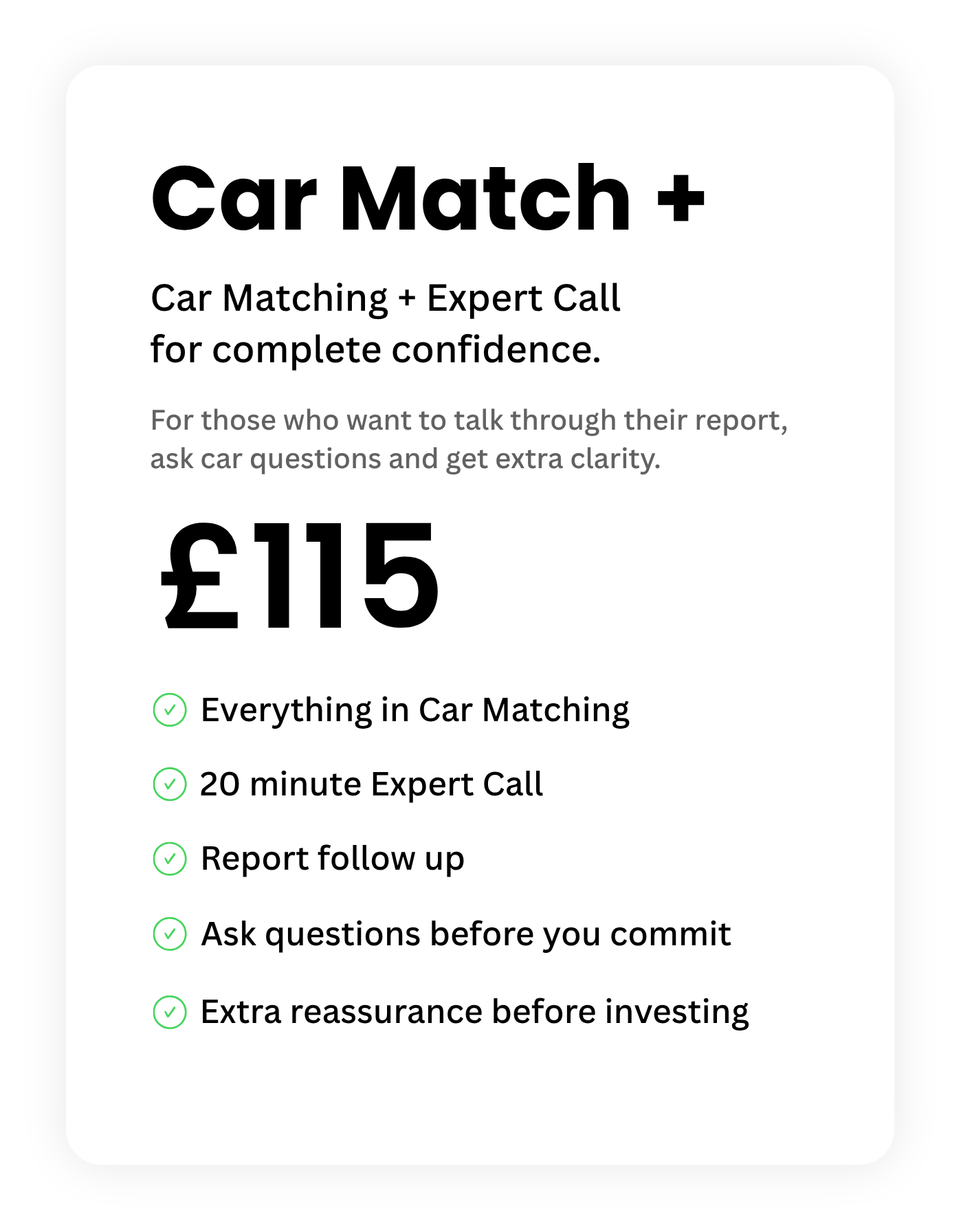 Car Matching plus Expert Call pricing card