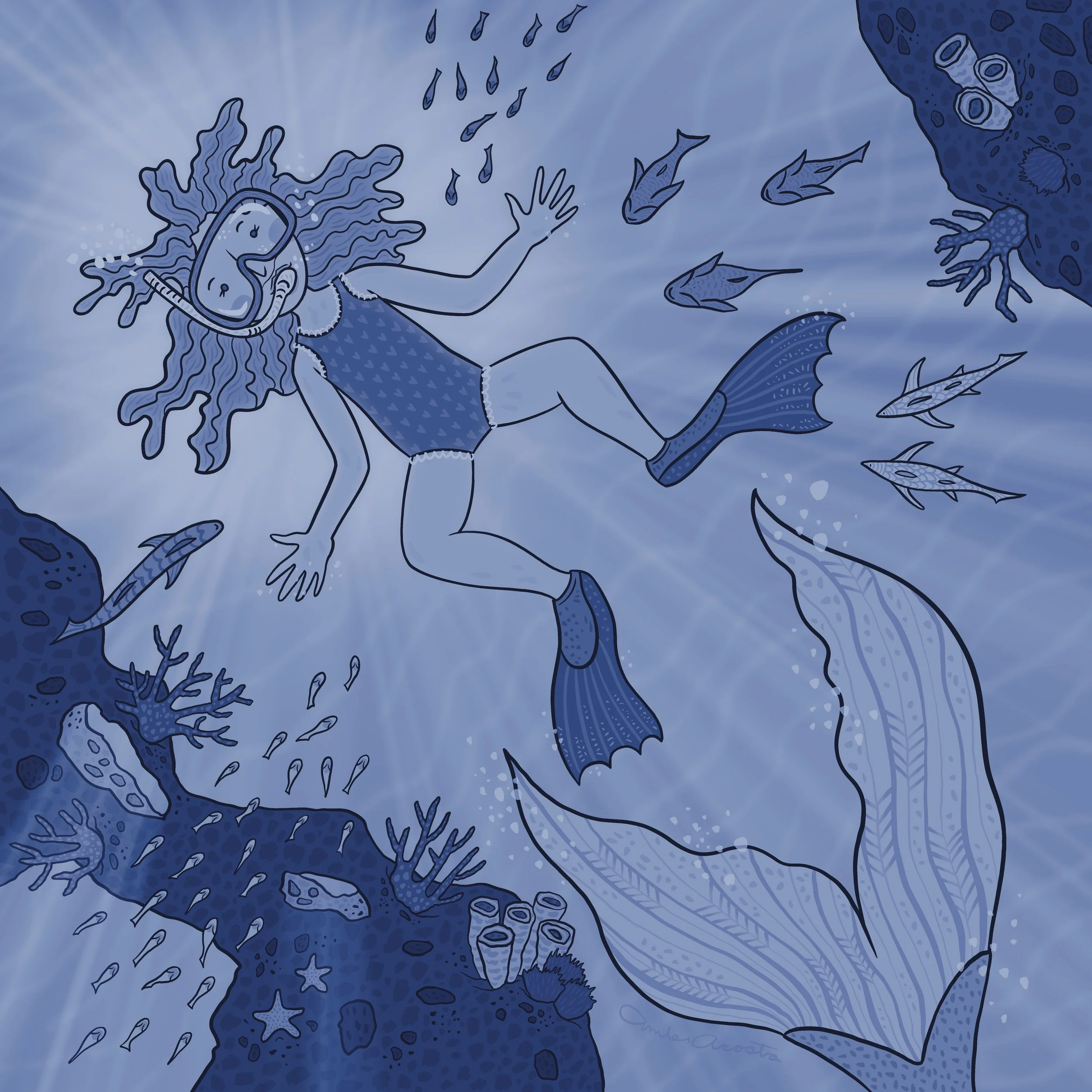 Child snorkelling in the ocean with light behind her, there are fish all around with a mysterious fish tail swimming away.