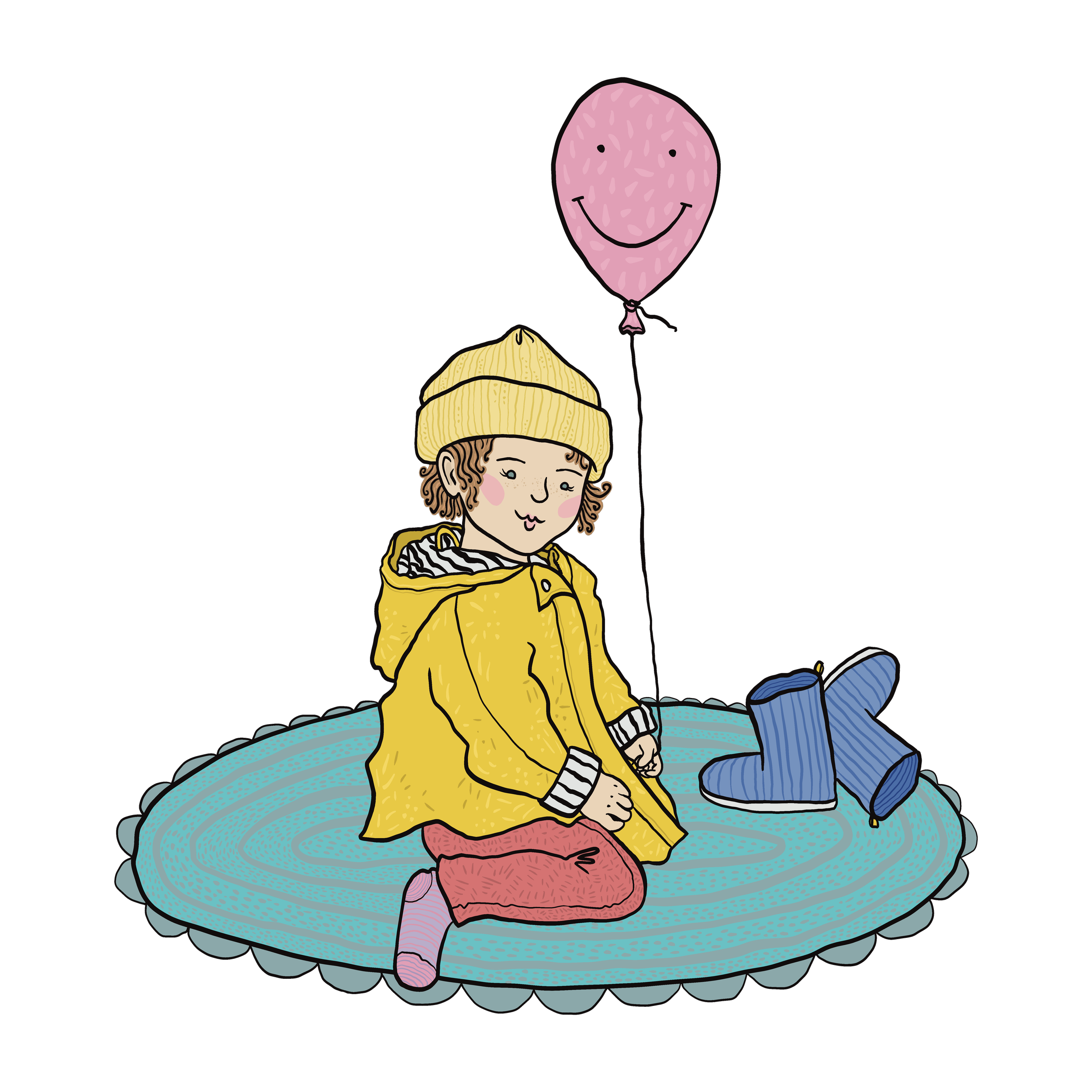 A child wearing a yellow hat and yellow raincoat sitting on a colorful circular rug with a pink balloon with a smiley face floating above.