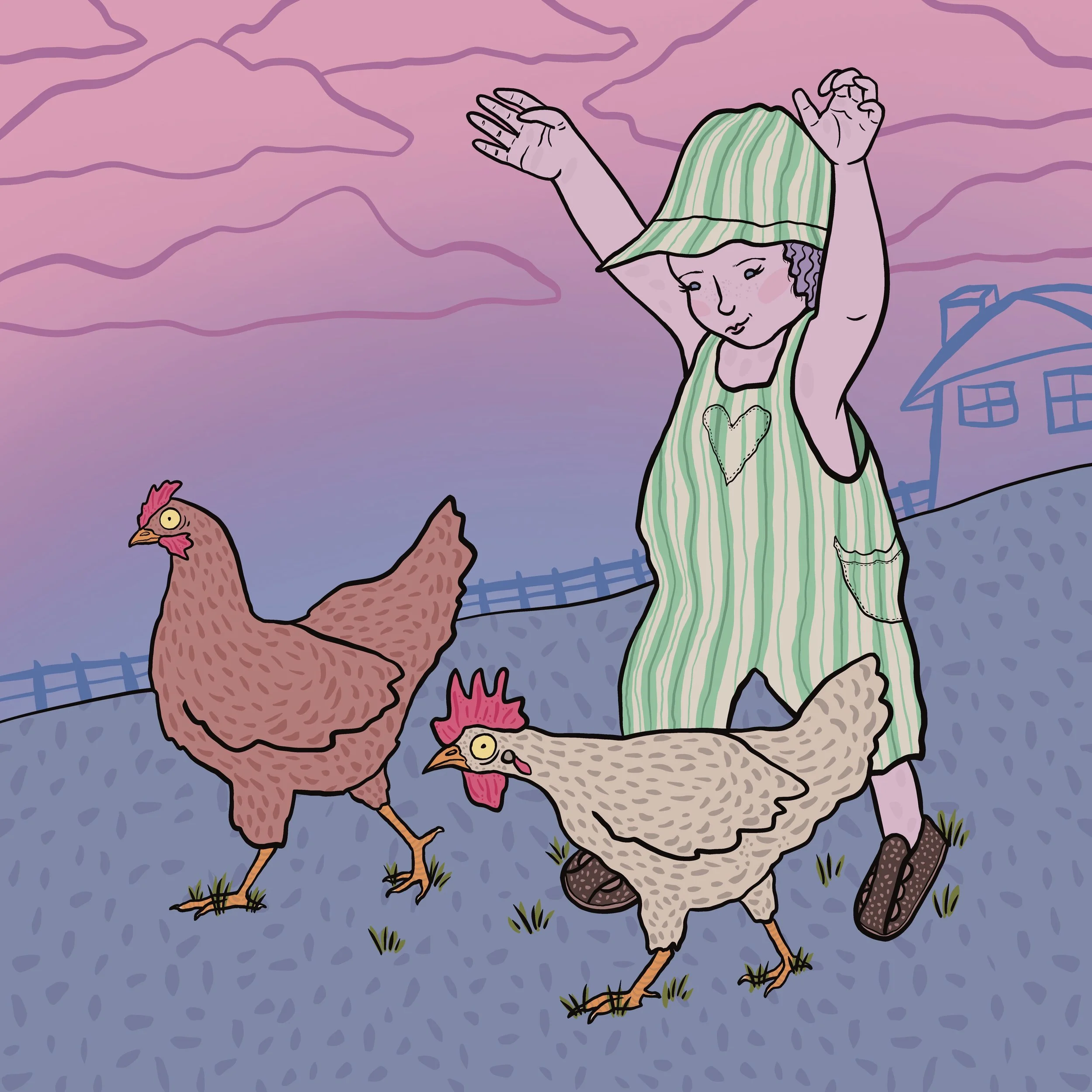 A little girl, wearing a green striped green jumper with matching sun hat, chases two chickens across a yard, with a line-drawn house and fence in a playful, juvenile style in the background.