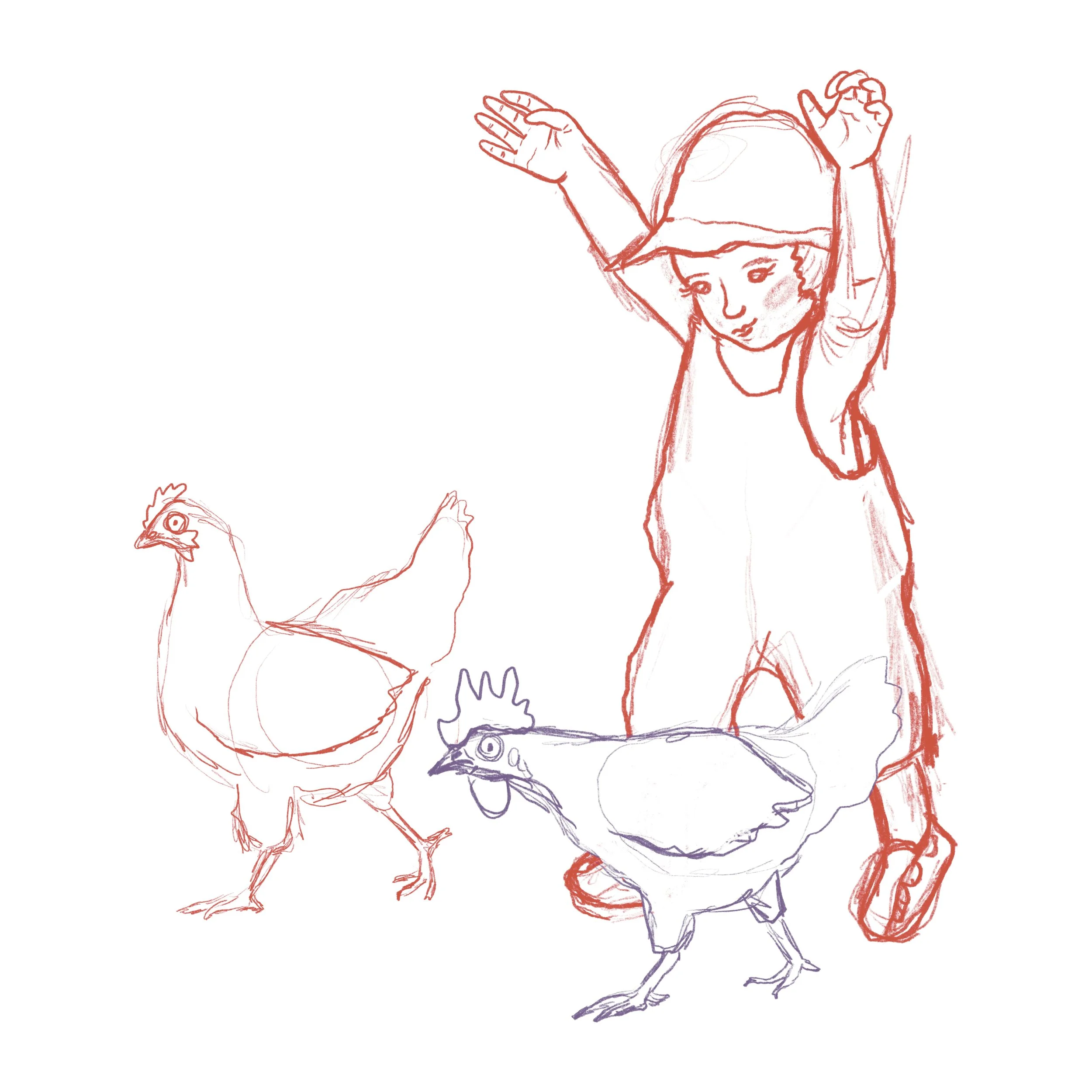 Sketch of a girl chasing two chickens, all drawn in red and purple lines.