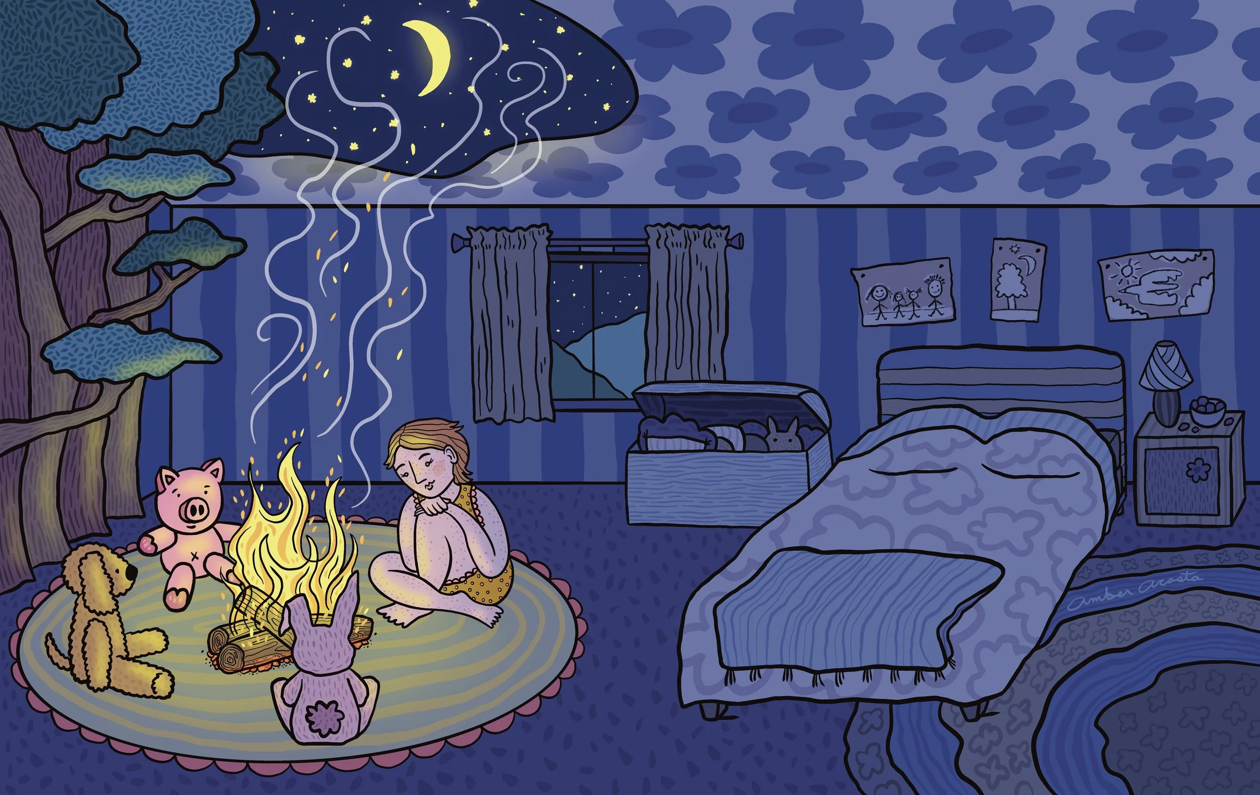 Illustration of a child sitting on a rug with stuffed animals by a campfire in her bedroom, the wall transforming into a forest with a starry sky visible through a hole in the ceiling