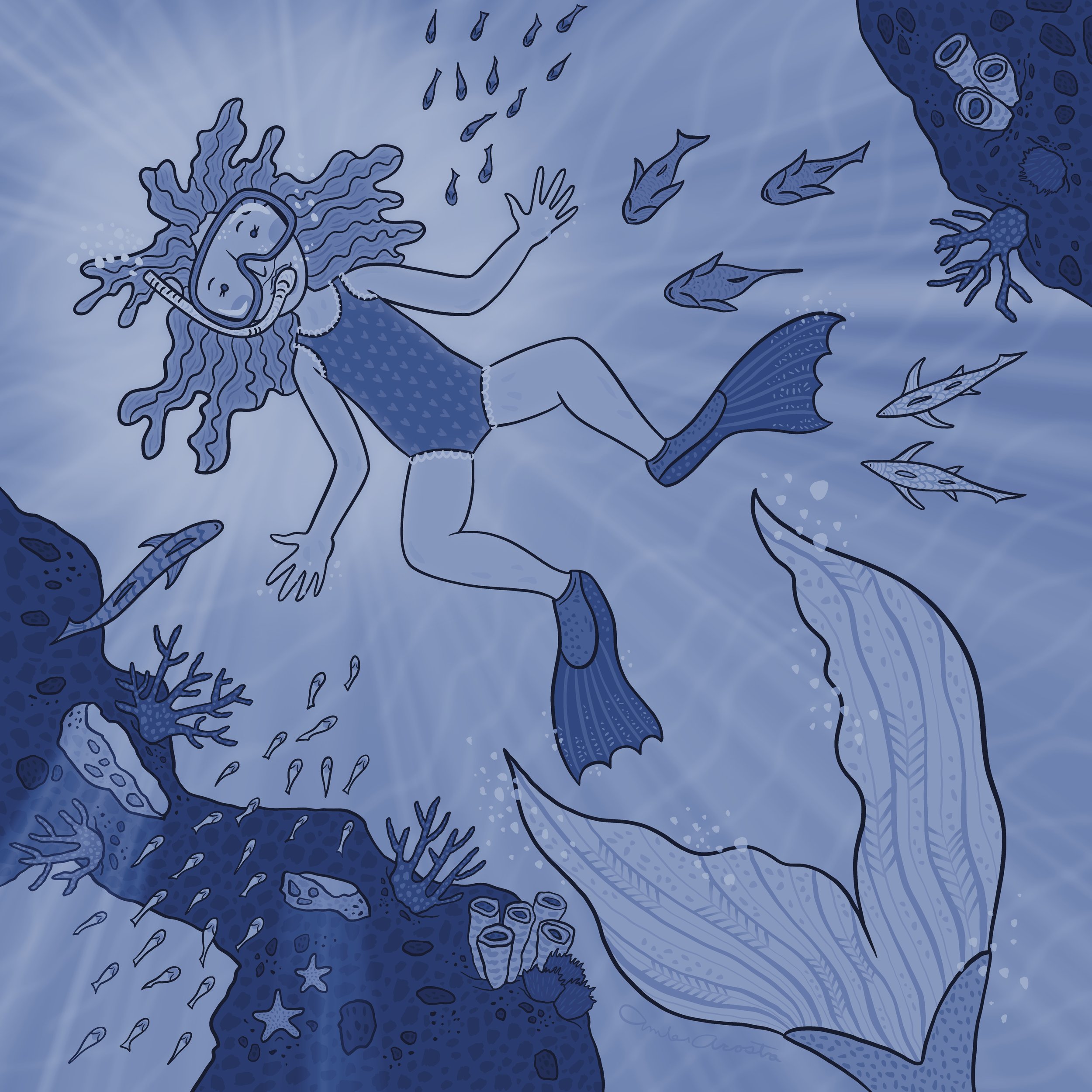 Child swimming in the ocean with light behind her. She is surrounded by fish and there is a large mysterious fish tail swimming away.