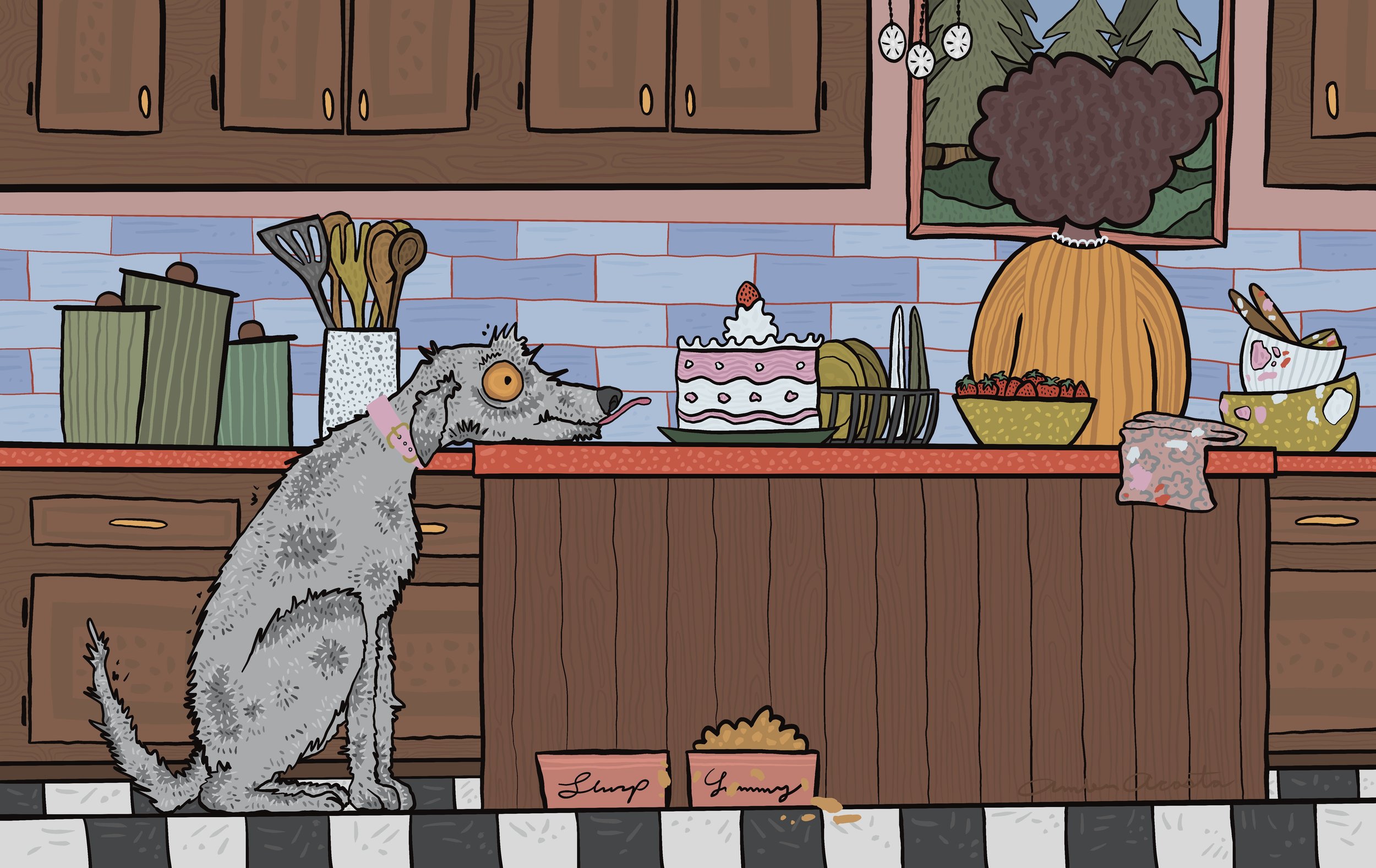 Dog trying to get a taste of a freshly made cake on the kitchen counter. Person doing dishes in the background.
