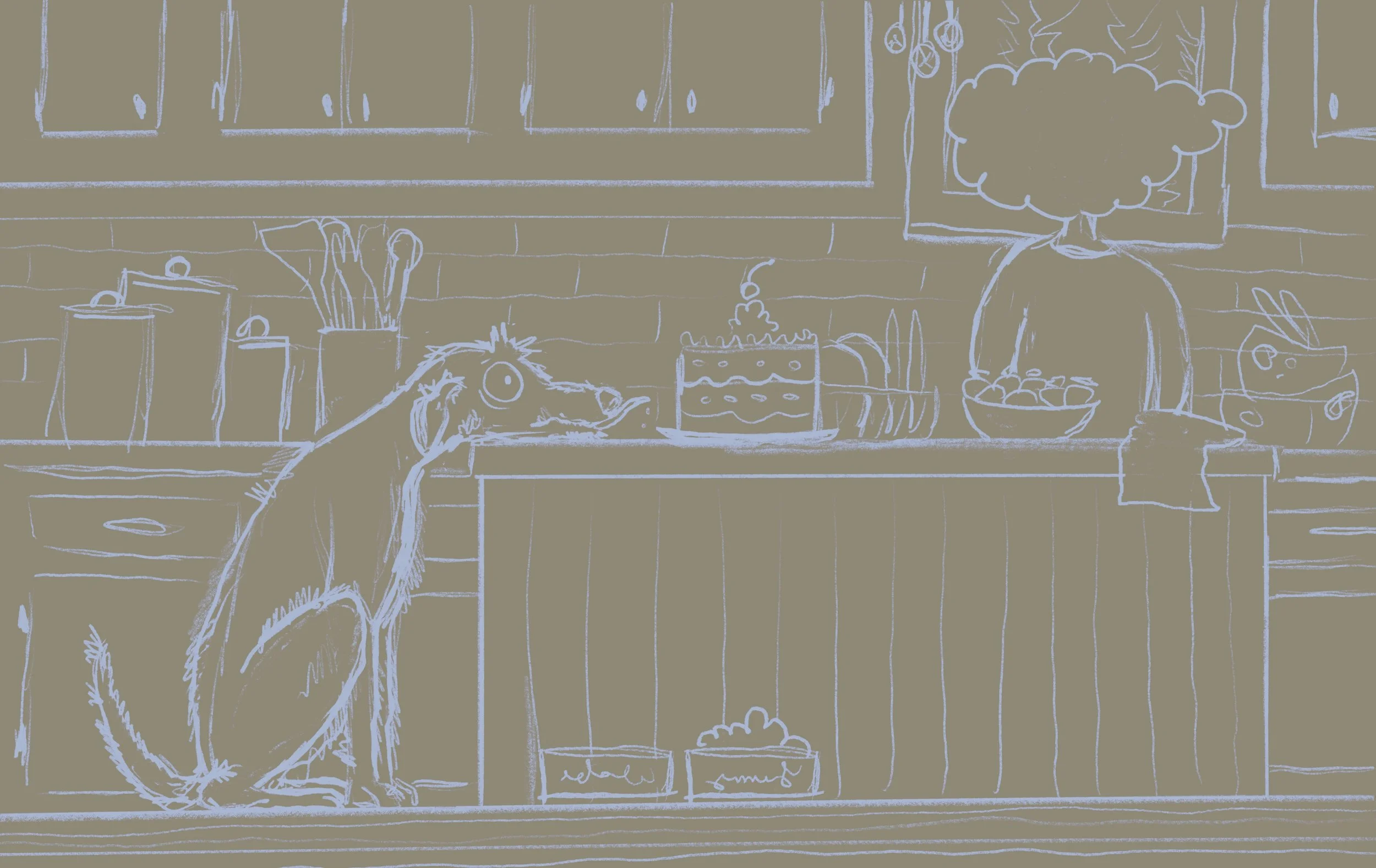 Sketch of dog trying to get a taste of a freshly made cake on the kitchen counter. Person doing dishes in the background.