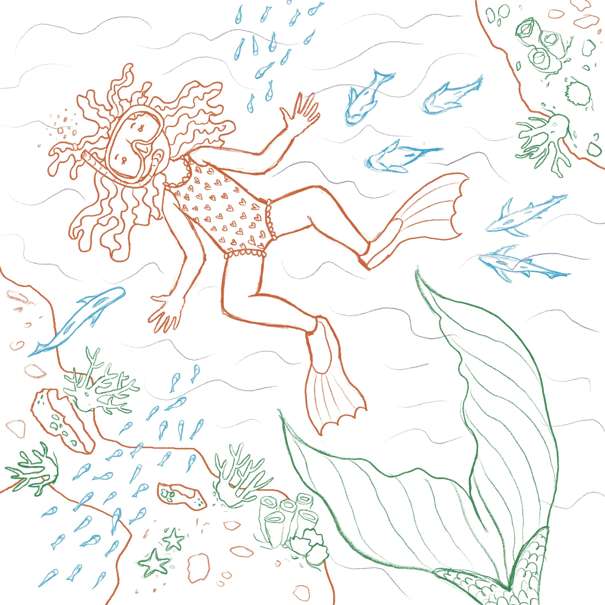 sketch of a child snorkelling in the ocean with light behind her, there are fish all around with a mysterious fish tail swimming away.