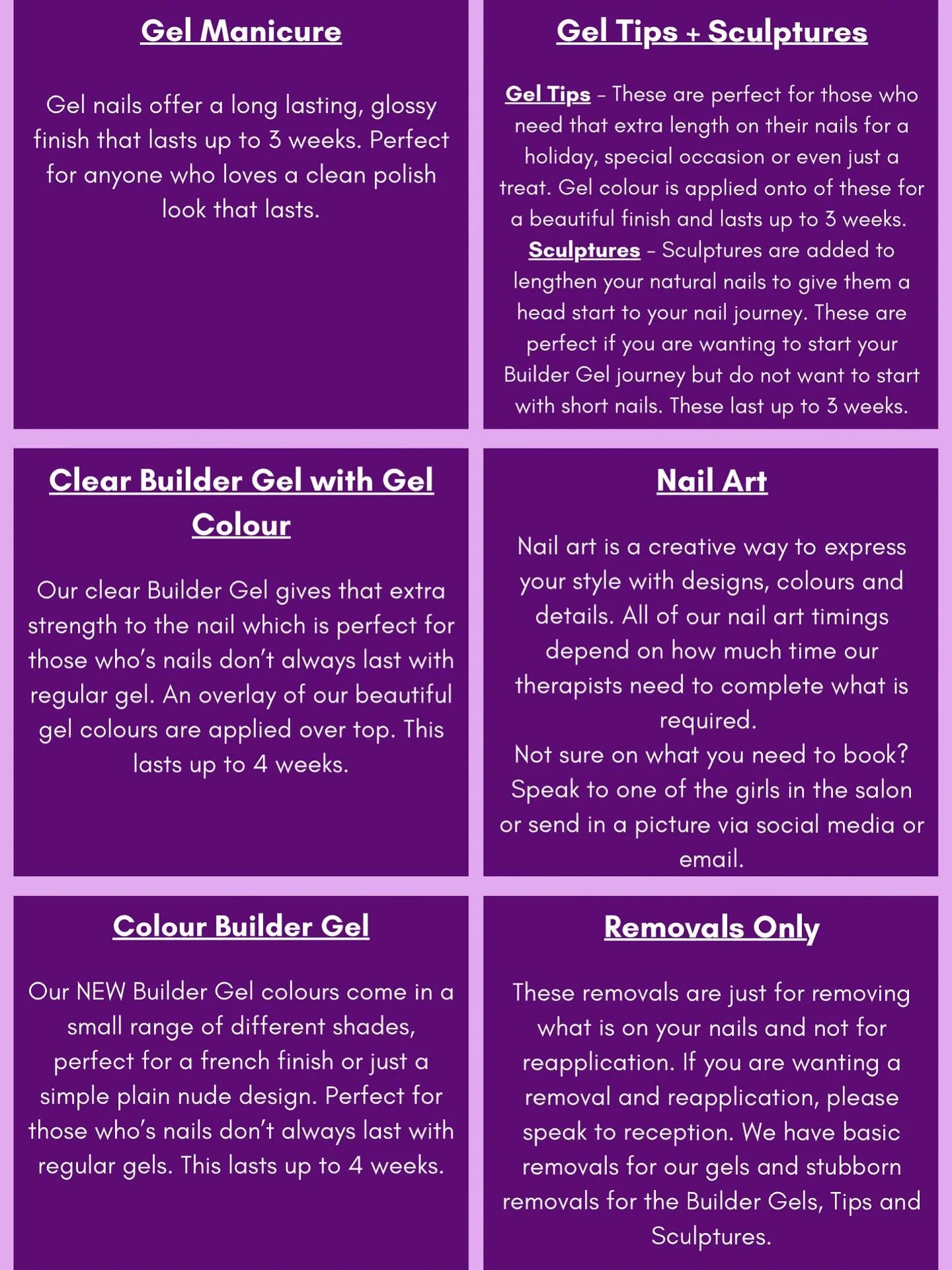 To all our nail clients,  We have updated the names of our nail enhancements due to having new coloured builder gels💜  Make sure you read all the descriptions on our nail enhancements to ensure that what you’re booking in for is correct for yo