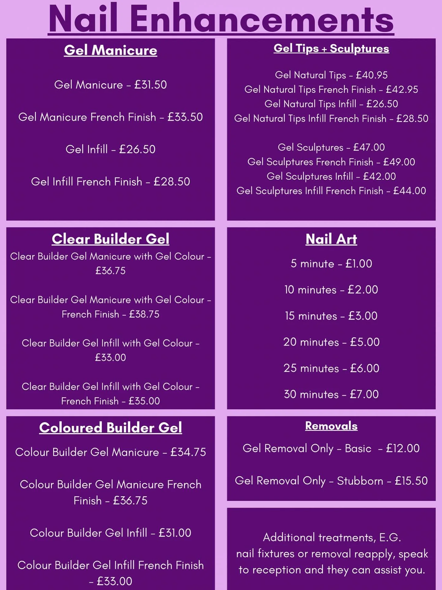 To all our nail clients,  We have updated the names of our nail enhancements due to having new coloured builder gels💜  Make sure you read all the descriptions on our nail enhancements to ensure that what you’re booking in for is correct for yo