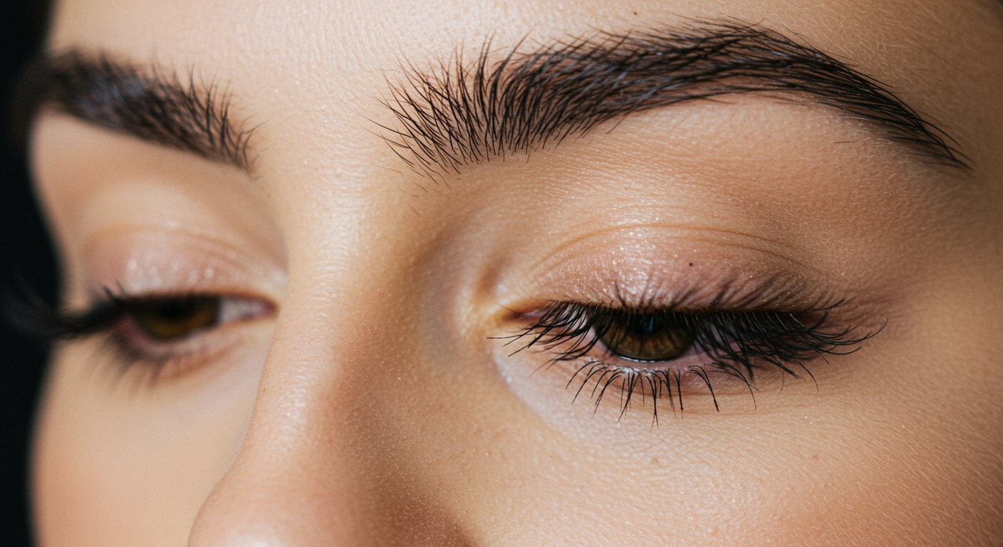 Close-up of a woman's face showing her eyelids, eyelashes, eyebrows, and part of her nose with detailed skin texture.