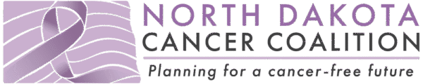 North Dakota Cancer Coalition logo with purple ribbon and text 'Planning for a cancer-free future.'