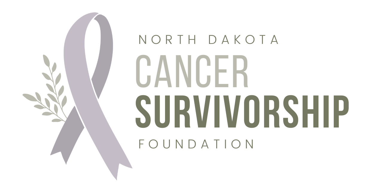 Logo for North Dakota Cancer Survivorship Foundation featuring a purple ribbon and leafy branch.