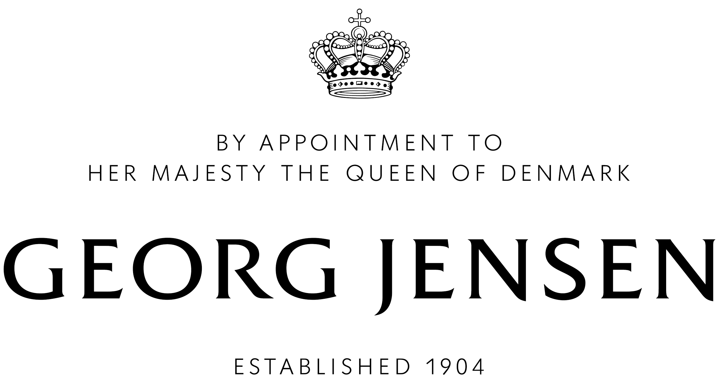 Text with a crown icon above, stating "By appointment to Her Majesty the Queen of Denmark" and the name "Georg Jensen" below, along with "Established 1904."