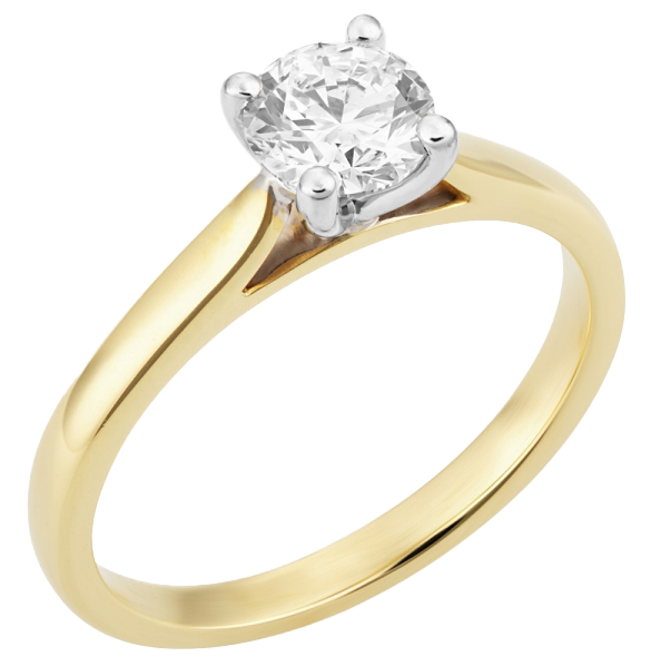 Gold engagement ring with a single large diamond solitaire.