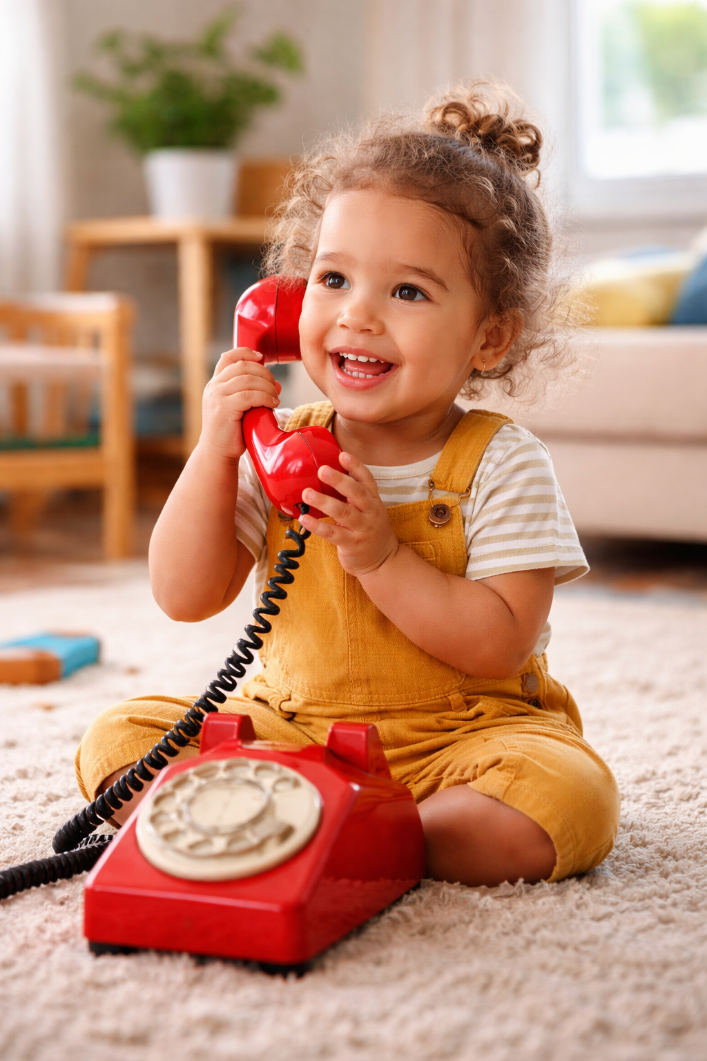 Smiling toddler holding a red vintage telephone — contact Joyora, the educator-designed play and learning app for children aged 0–8