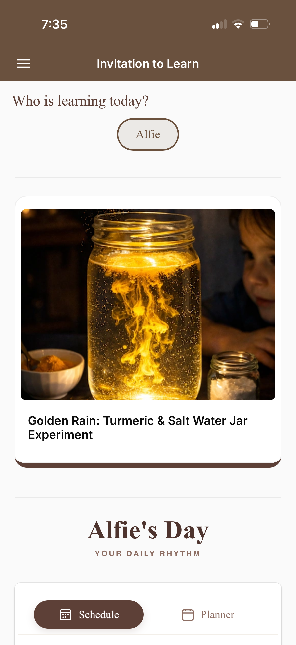 App home screen showing child profiles and daily activities