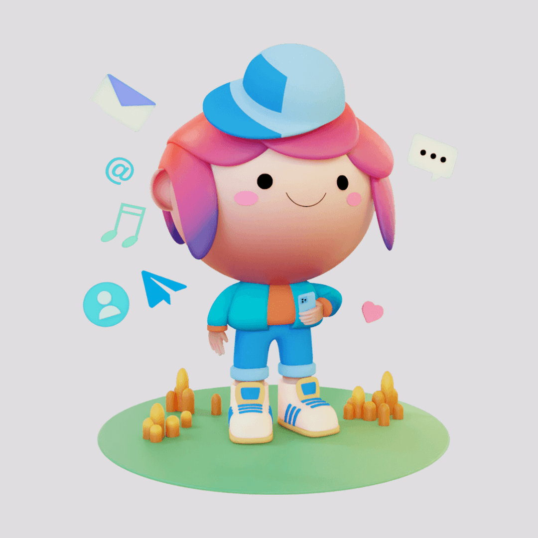 Colorful 3D cartoon character with pink hair, blue hat, and holding a smartphone, surrounded by digital icons like email, music notes, and chat bubbles, standing on a grassy patch.