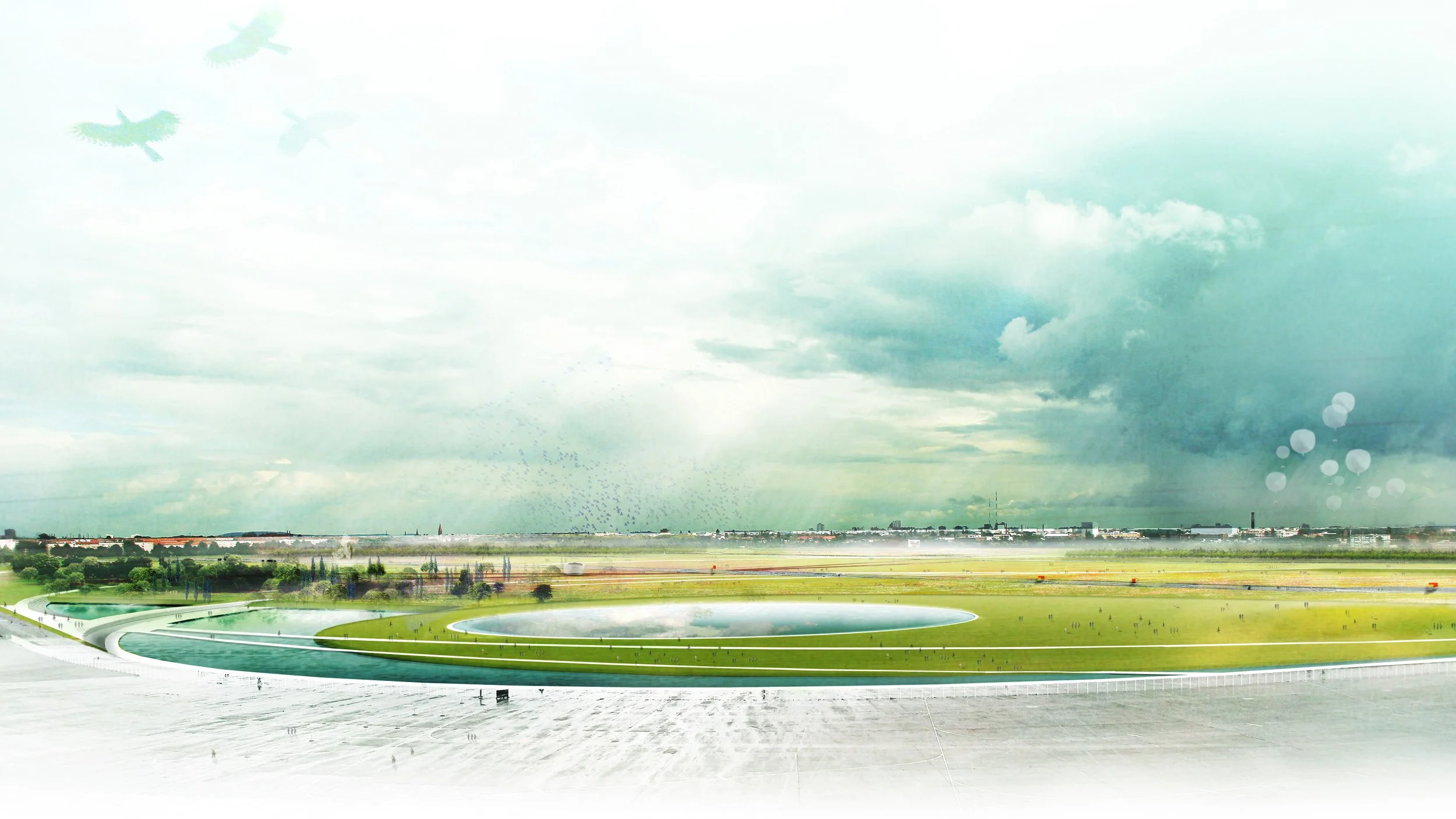 A modern landscape with green grass, water features, and a cloudy sky, possibly an urban park or public space.