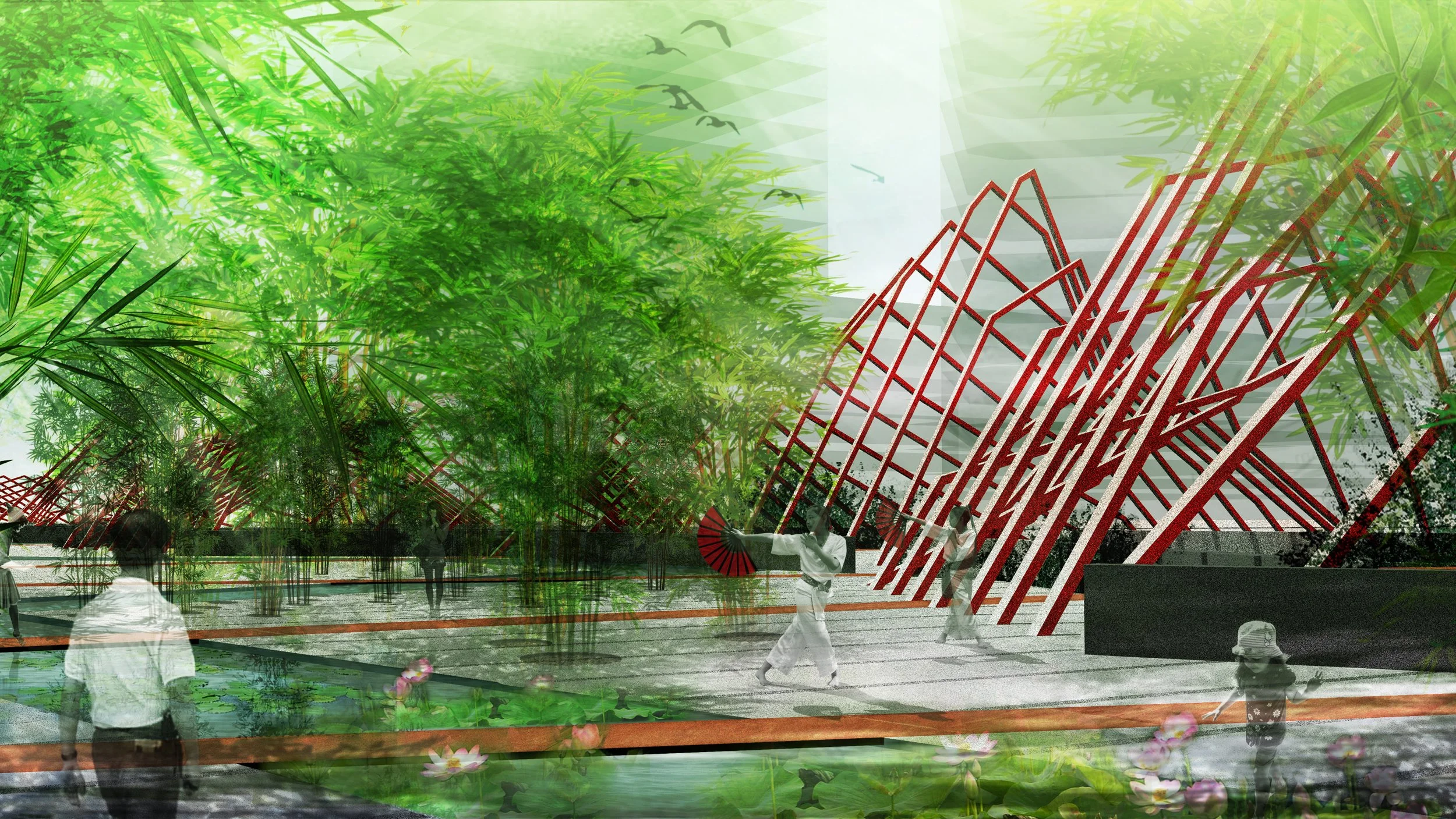 A conceptual illustration of a park with lush green trees, pink lotus flowers on a pond, and modern architectural red steel structures in the background, with people walking and enjoying the scenery.