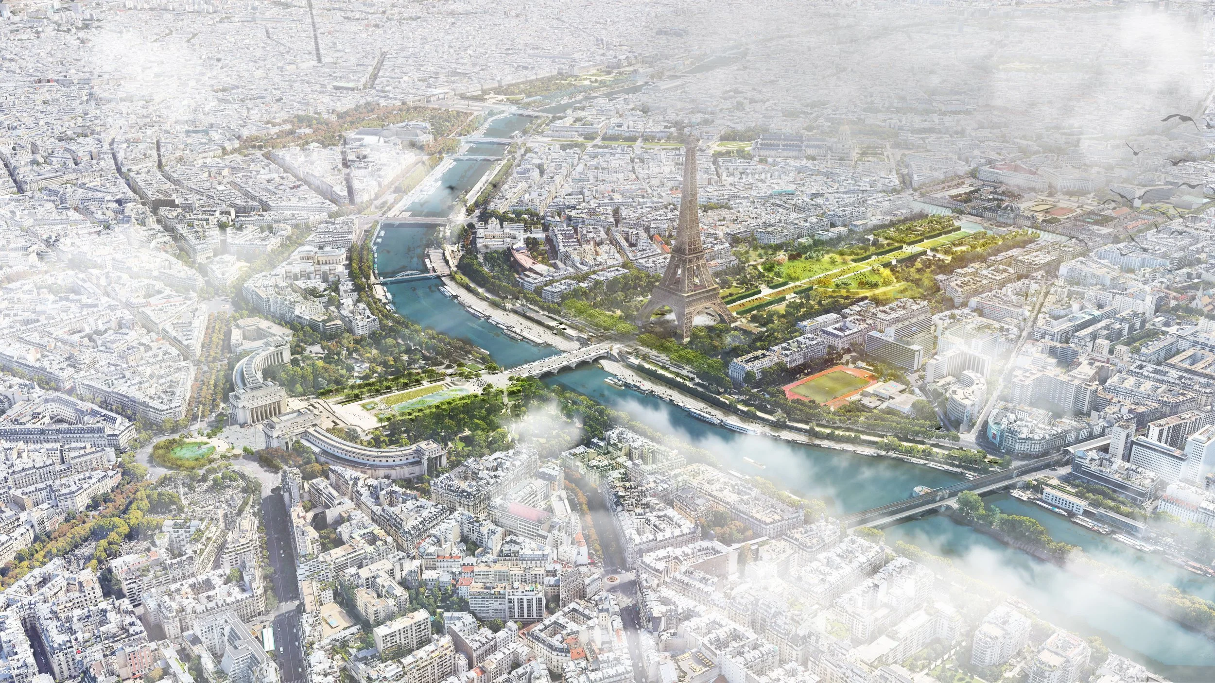Aerial view of Paris, France with the Eiffel Tower in the center, Seine River flowing through the city, surrounded by parks, bridges, and urban buildings.